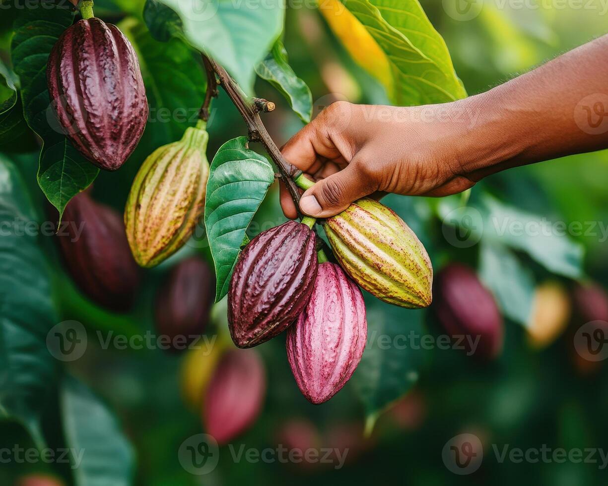 hand gently touches ripened cocoa pods on lush tree, showcasing vibrant colors and rich textures. scene captures essence of nature bounty and joy of harvesting photo