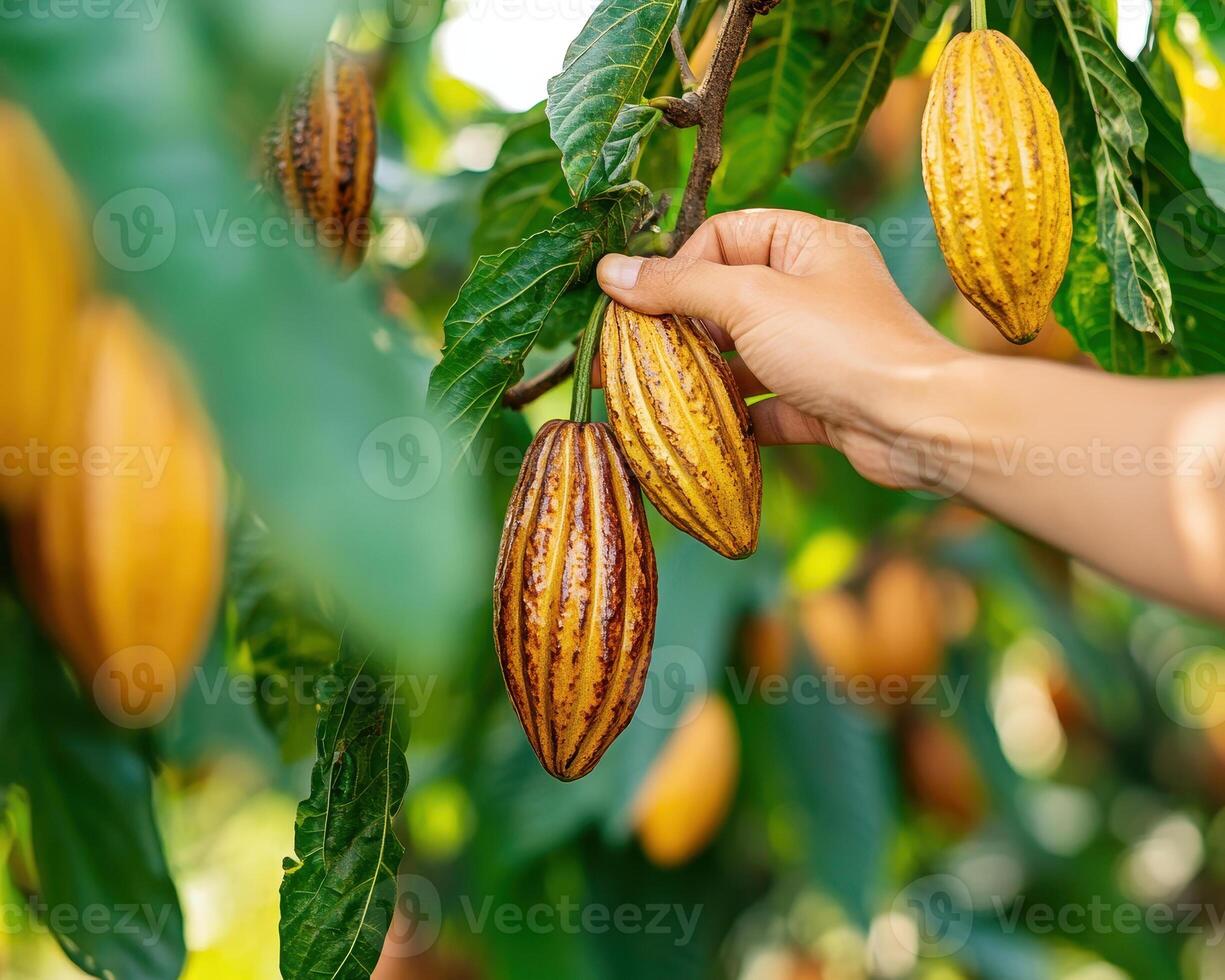 Close up of hand touching ripened cocoa pods on tree branches, showcasing vibrant colors and textures of cocoa fruit photo