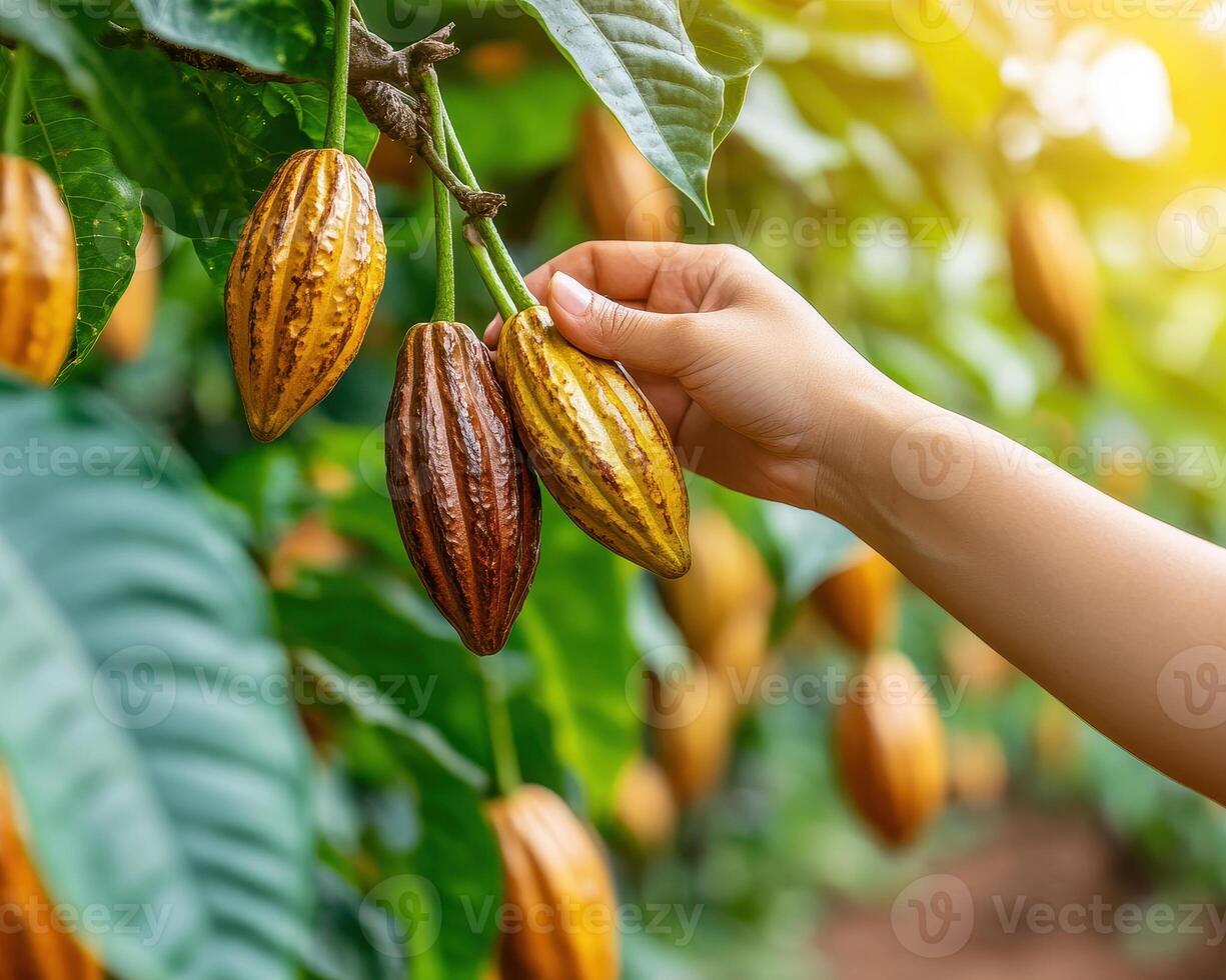 Close up of hand touching ripened cocoa pods on tree branches photo