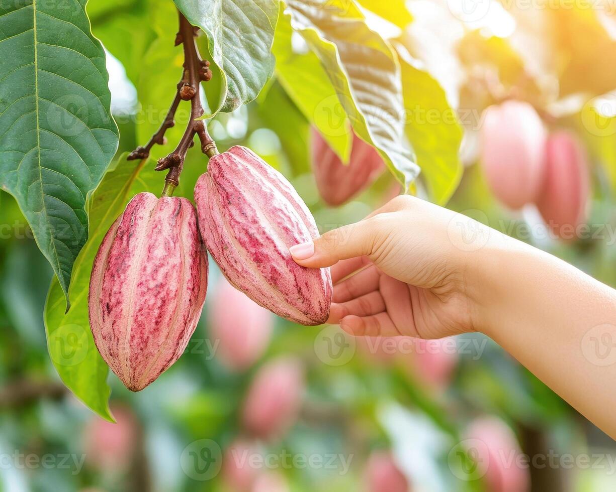 Close up of hand touching ripened cocoa pods on tree branches, showcasing vibrant colors and textures of pods in lush environment photo