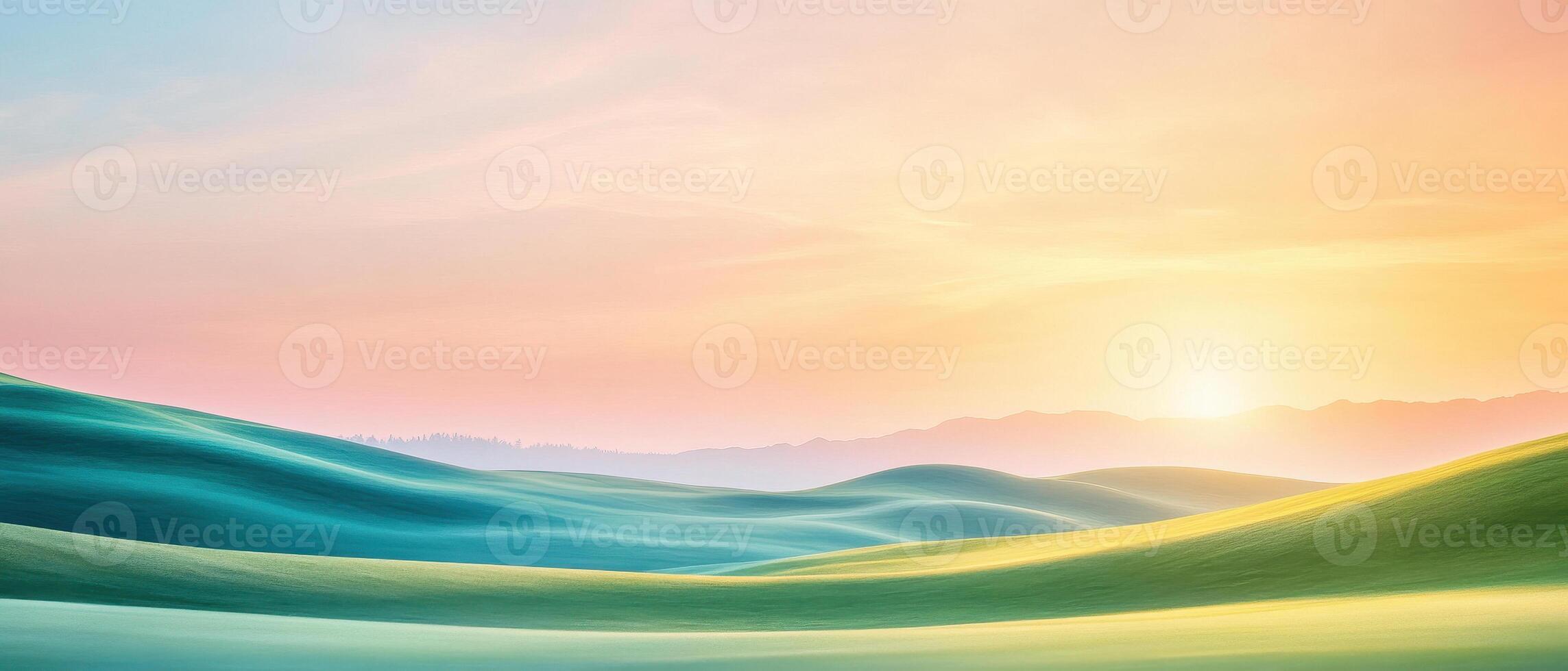 serene landscape featuring rolling hills in shades of green and blue, illuminated by warm sunset. soft colors create tranquil atmosphere, perfect for relaxation photo