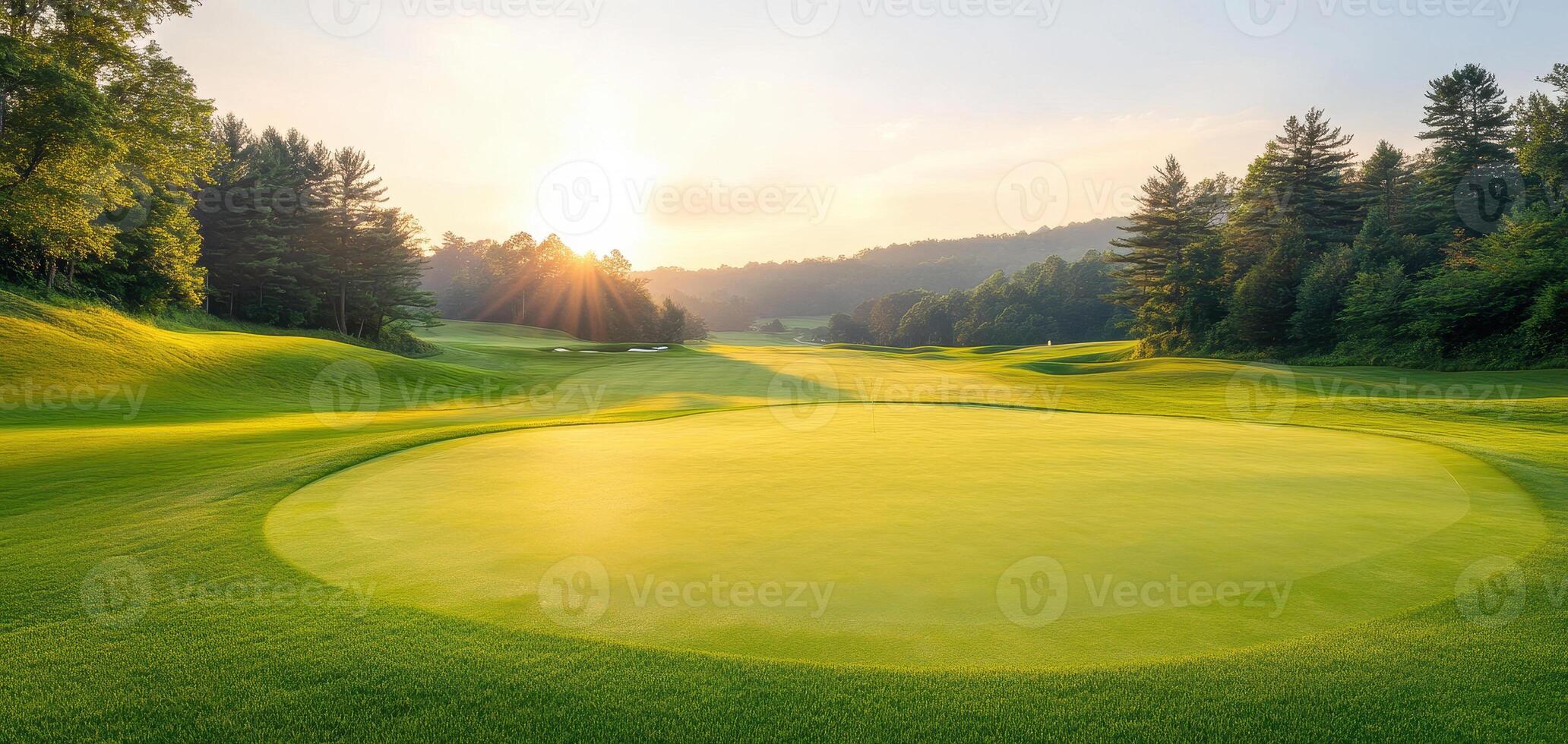 serene sunrise over lush golf course, illuminating fairways and greens, creating peaceful atmosphere for golfers photo