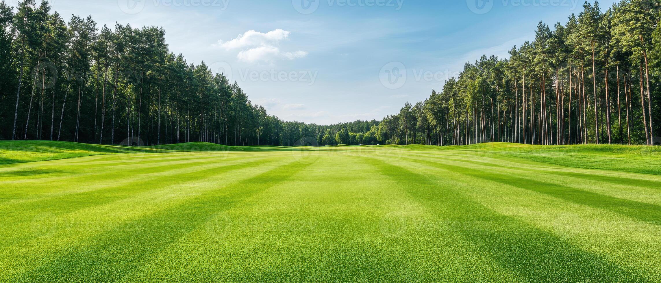 Expansive golf course fairway under vivid blue sky, surrounded by lush trees, creating serene and inviting atmosphere for golf enthusiasts photo