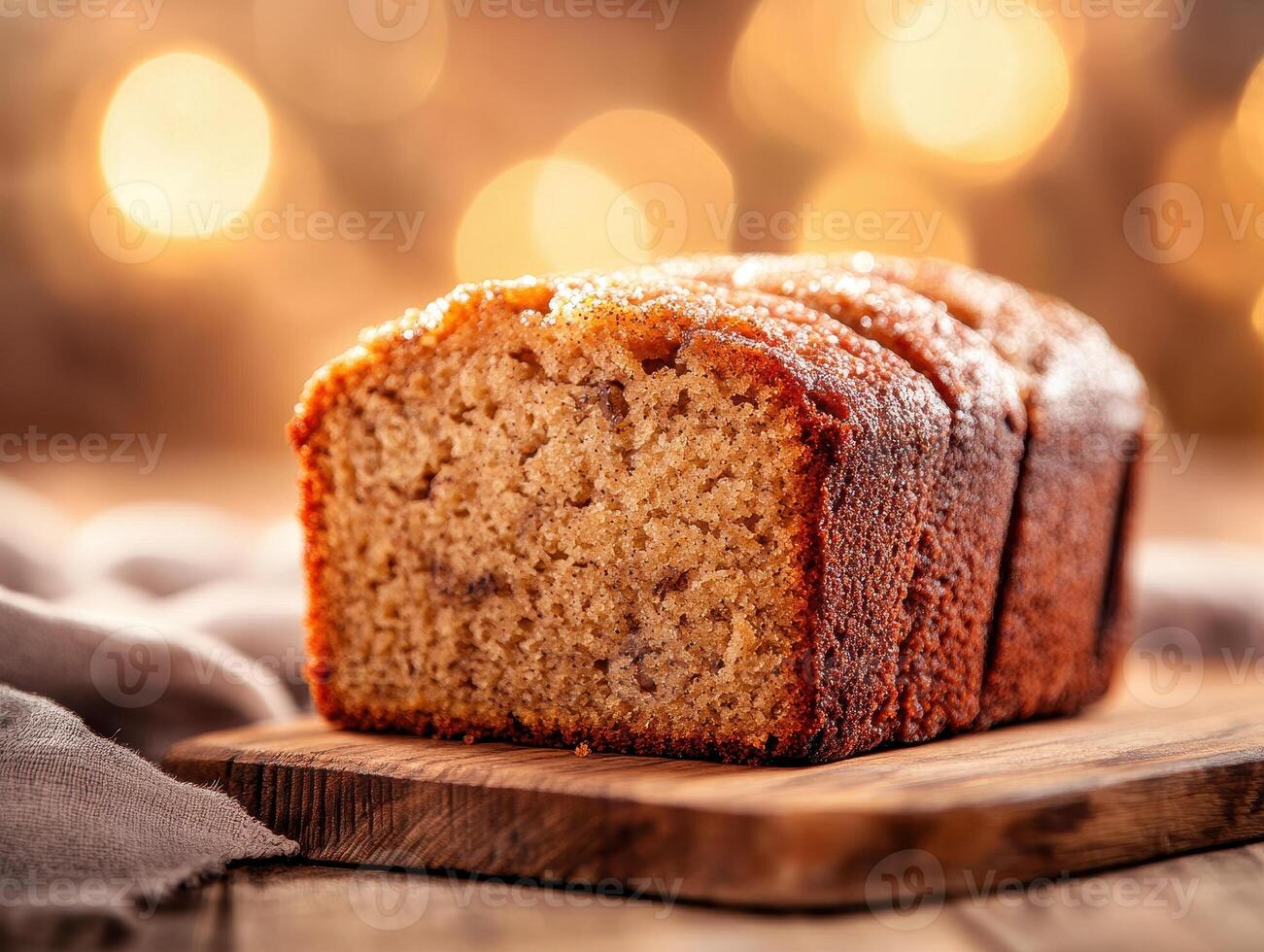 Freshly baked banana bread loaf sliced on wooden board, showcasing its moist texture and golden crust. Perfect for breakfast or sweet snack, it brings warmth and comfort photo