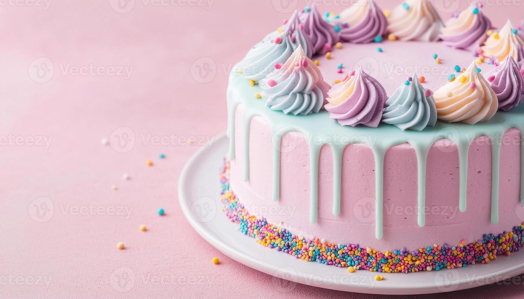 Delightful homemade cake with colorful icing and sprinkles, perfect for celebrations. pastel colors and decorative frosting create joyful atmosphere photo