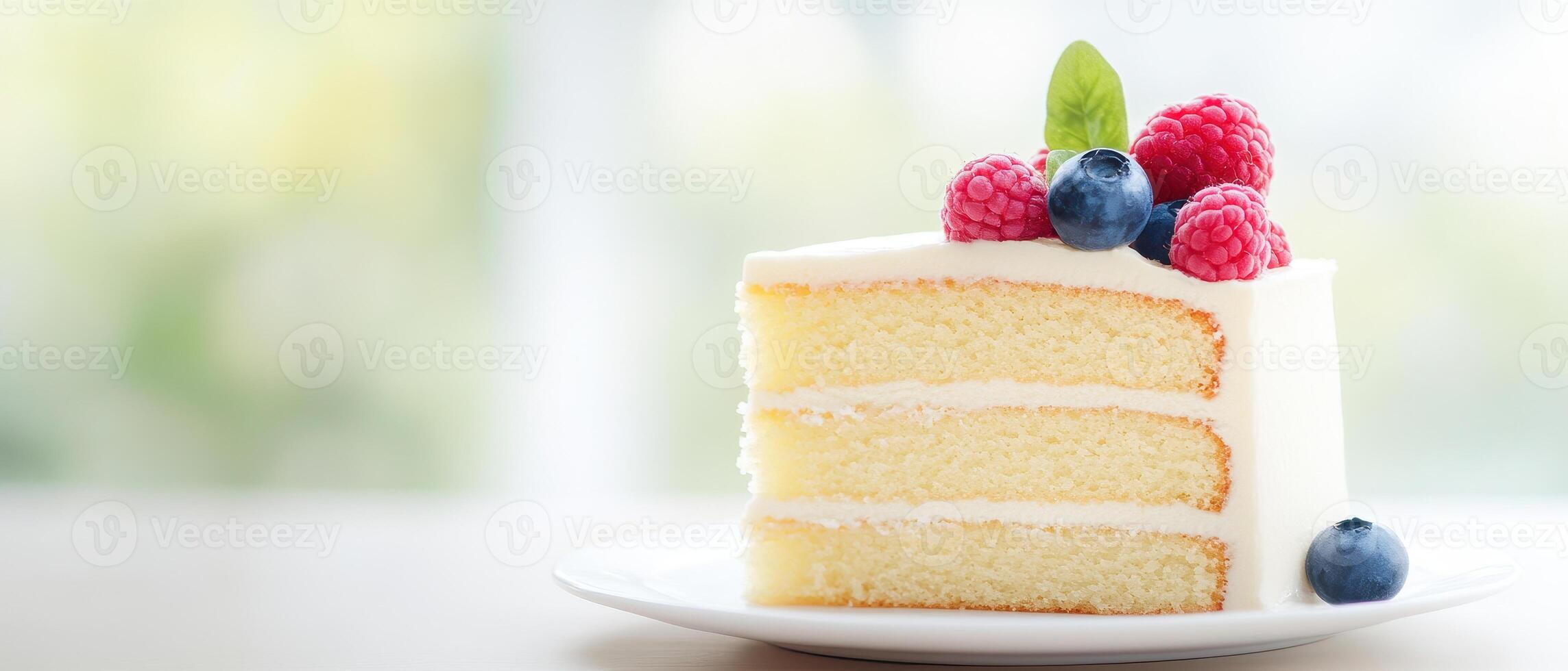 Delicious homemade cake slice on elegant plate, featuring layers of soft sponge, creamy frosting, and topped with fresh raspberries and blueberries, perfect for any occasion photo
