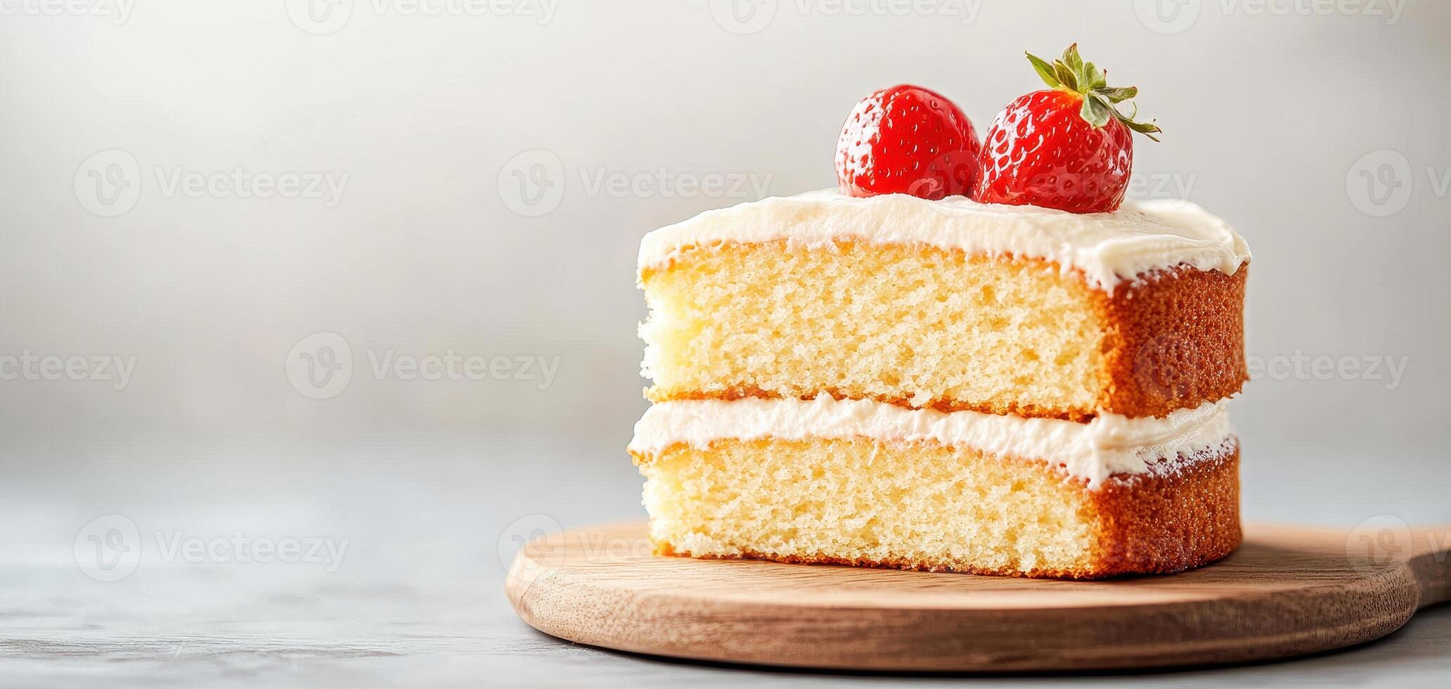Classic Victoria sponge cake with creamy frosting and fresh strawberries photo