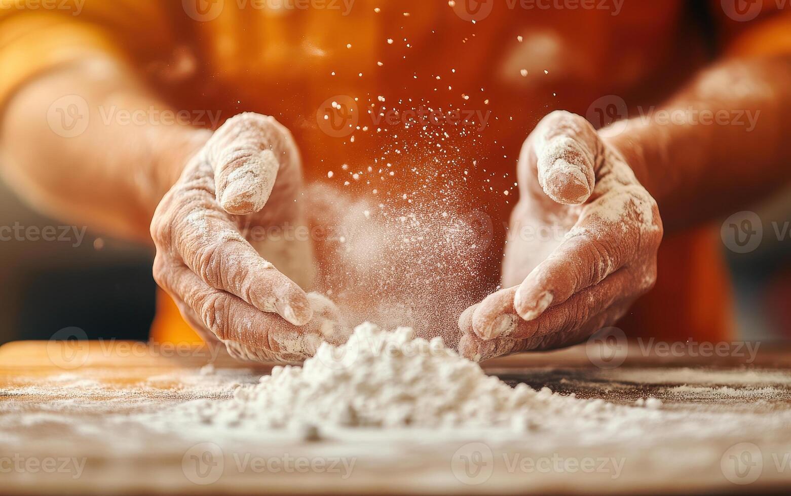 Dusting flour over fresh pastry, hands in motion, creating culinary masterpiece. scene captures artistry and joy of baking, with flour dancing in air photo