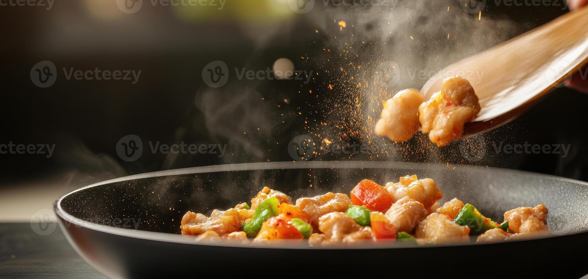 Delicious stir fry with colorful vegetables and chicken being flipped in pan, showcasing vibrant colors and steam rising, creating appetizing atmosphere photo