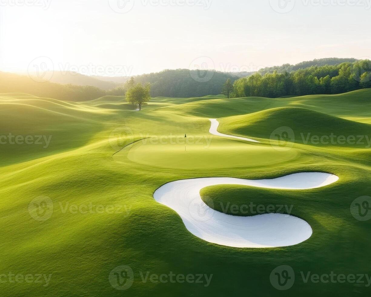 Aerial view of lush green golf course with rolling hills and sand trap, showcasing beauty of nature and sport. serene landscape invites relaxation and enjoyment photo
