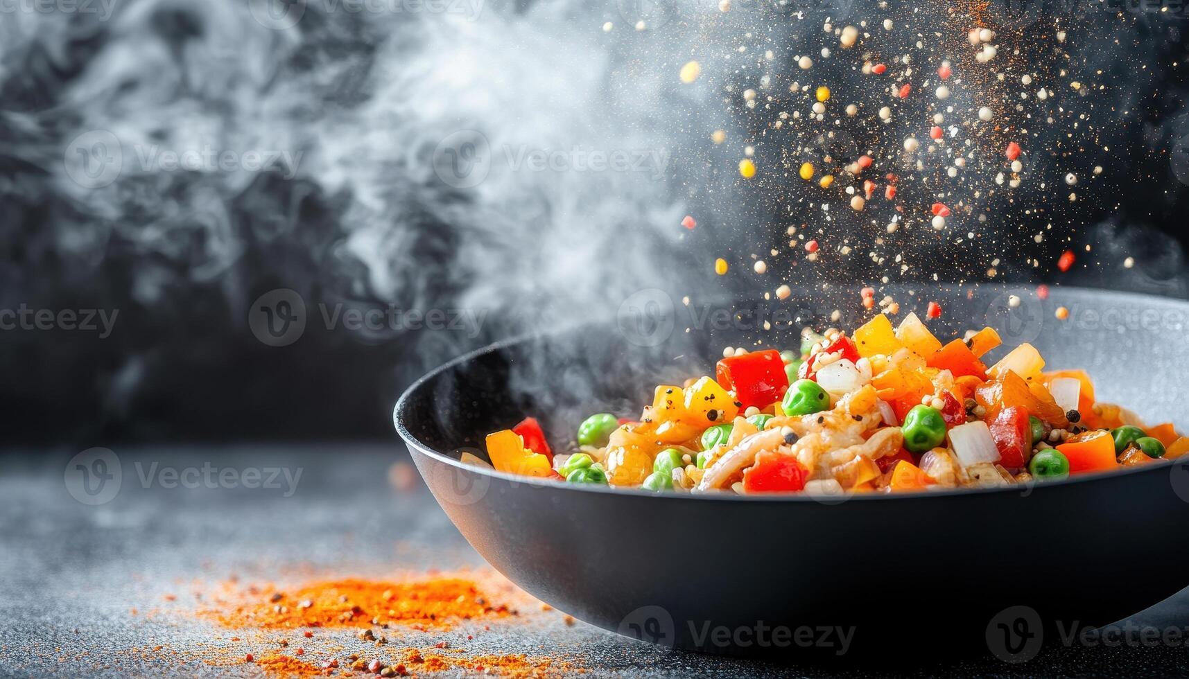 vibrant stir fry dish with colorful vegetables and spices, creating dramatic culinary scene. steam and spices add exciting touch to presentation photo
