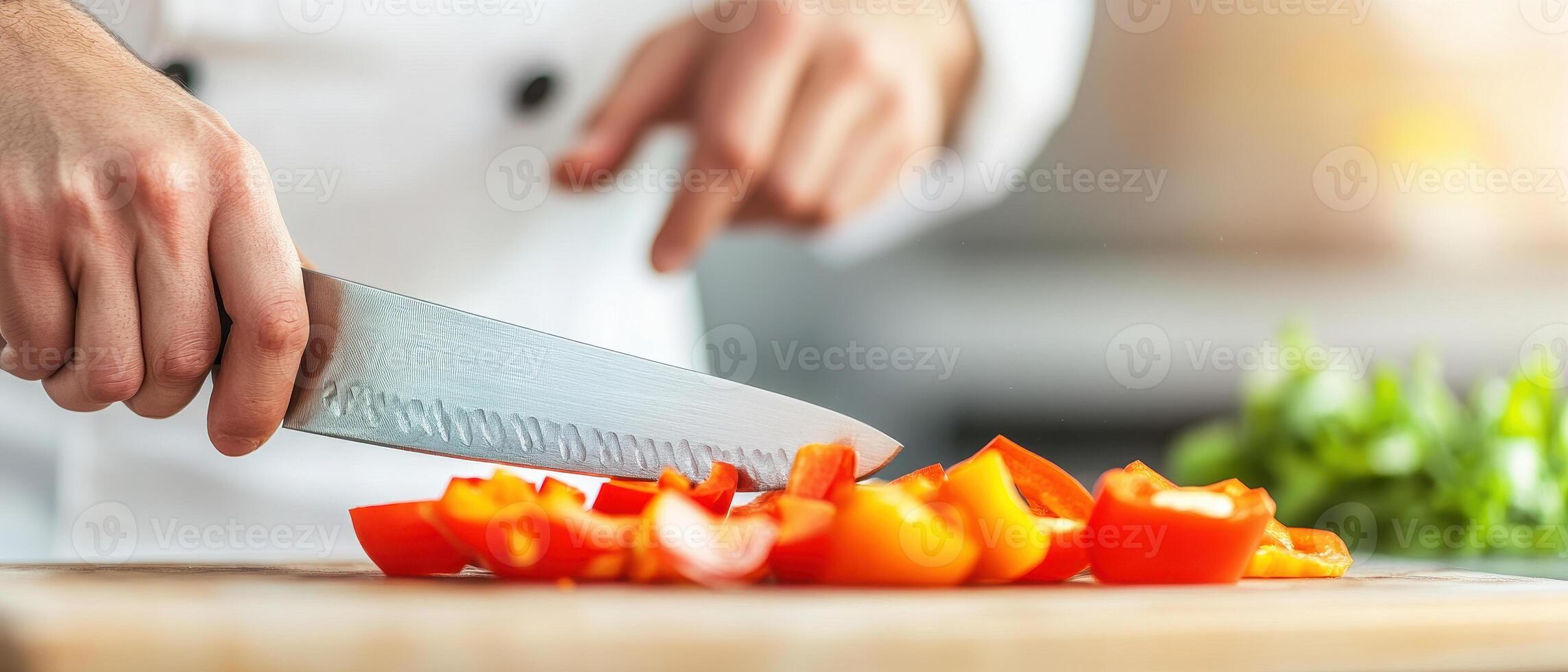 Chopping red bell peppers with chef knife, showcasing culinary skills and fresh ingredients. vibrant colors and focused action create engaging kitchen atmosphere photo
