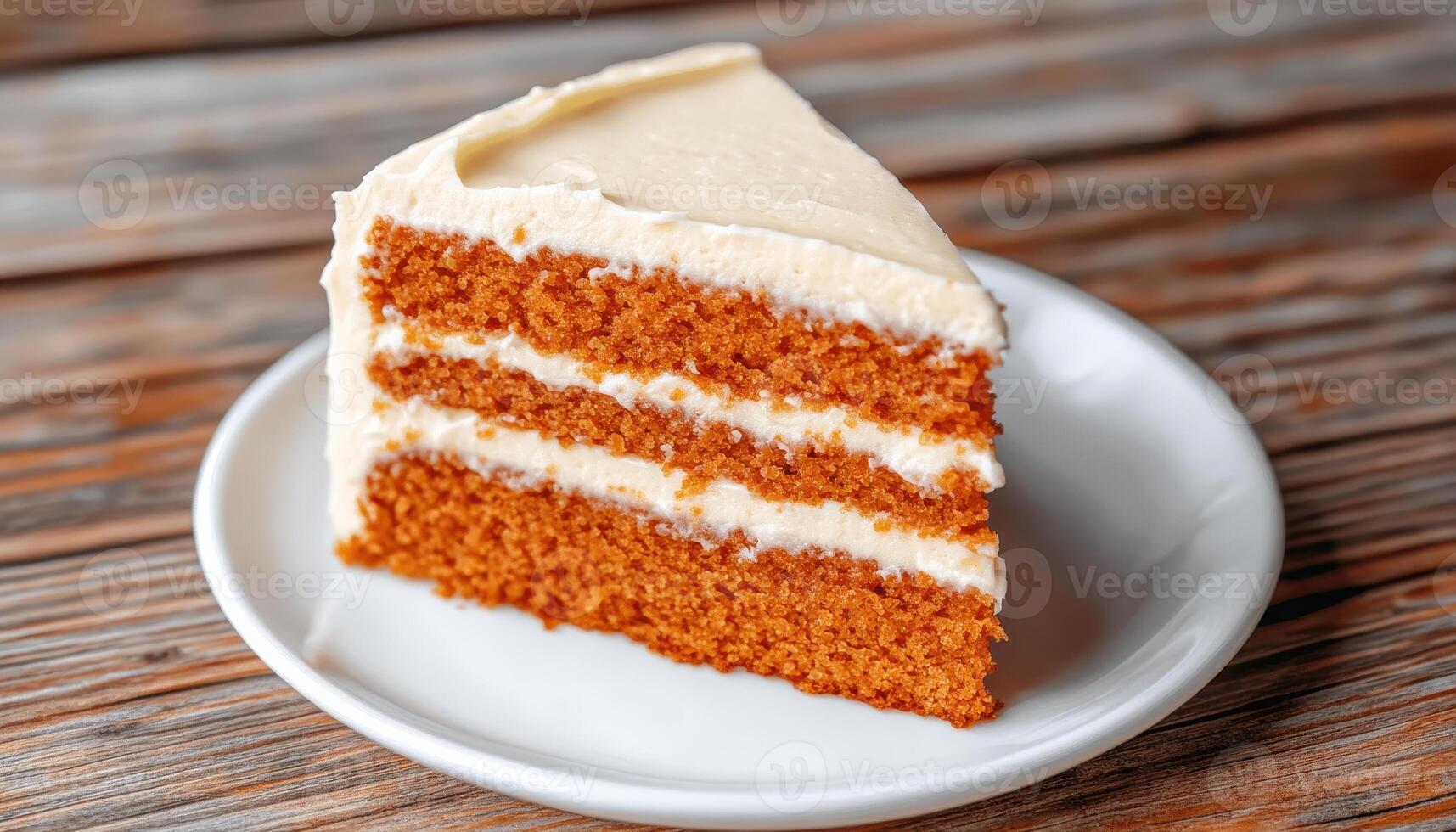 Delicious vegan carrot cake slice with cream cheese frosting on plate, showcasing its moist layers and rich texture, perfect for dessert lovers photo