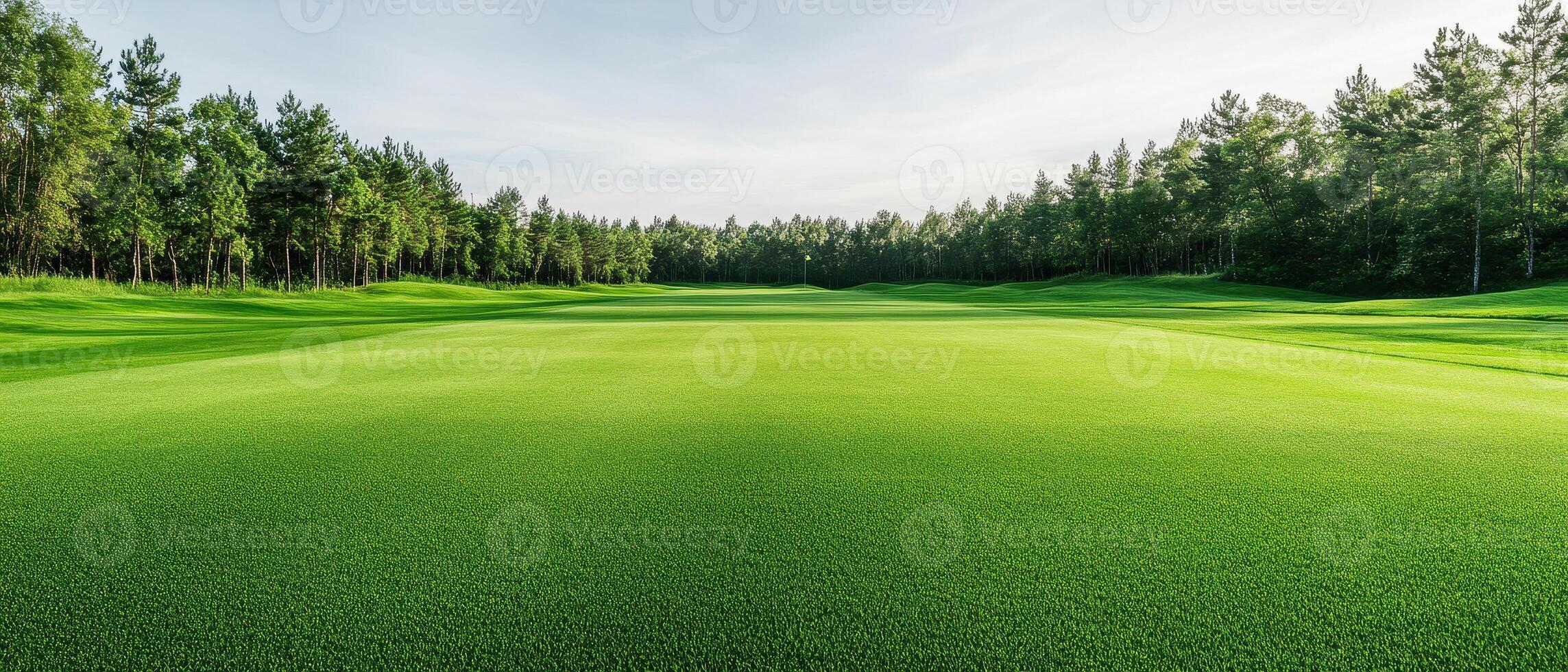 wide angle view of manicured golf course with lush green grass and trees lining perimeter, creating serene and inviting atmosphere for golf enthusiasts photo