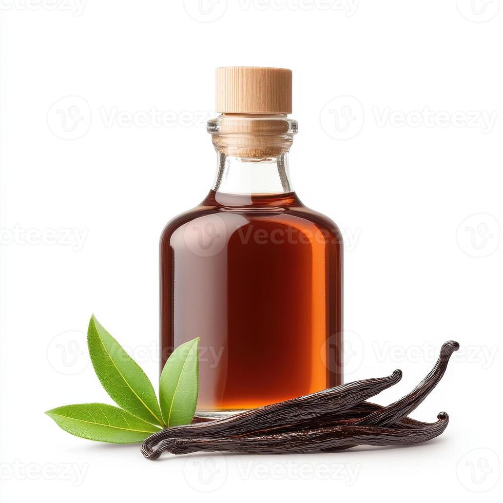 bottle of vanilla extract with green leaves and vanilla pods, perfect for enhancing desserts and baking. rich color and natural ingredients evoke sense of warmth and flavor photo