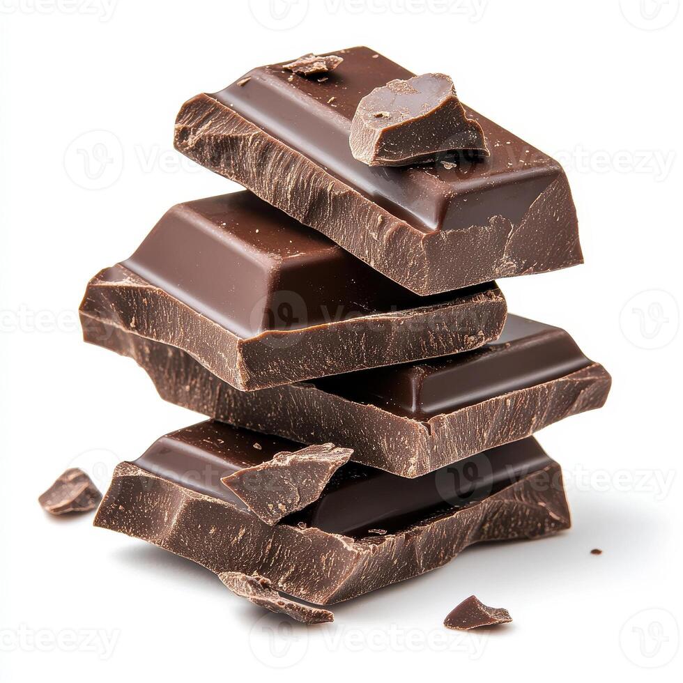 Rich dark chocolate chunks stacked elegantly, perfect for desserts or baking. Indulge in smooth texture and deep flavor of this delightful treat photo
