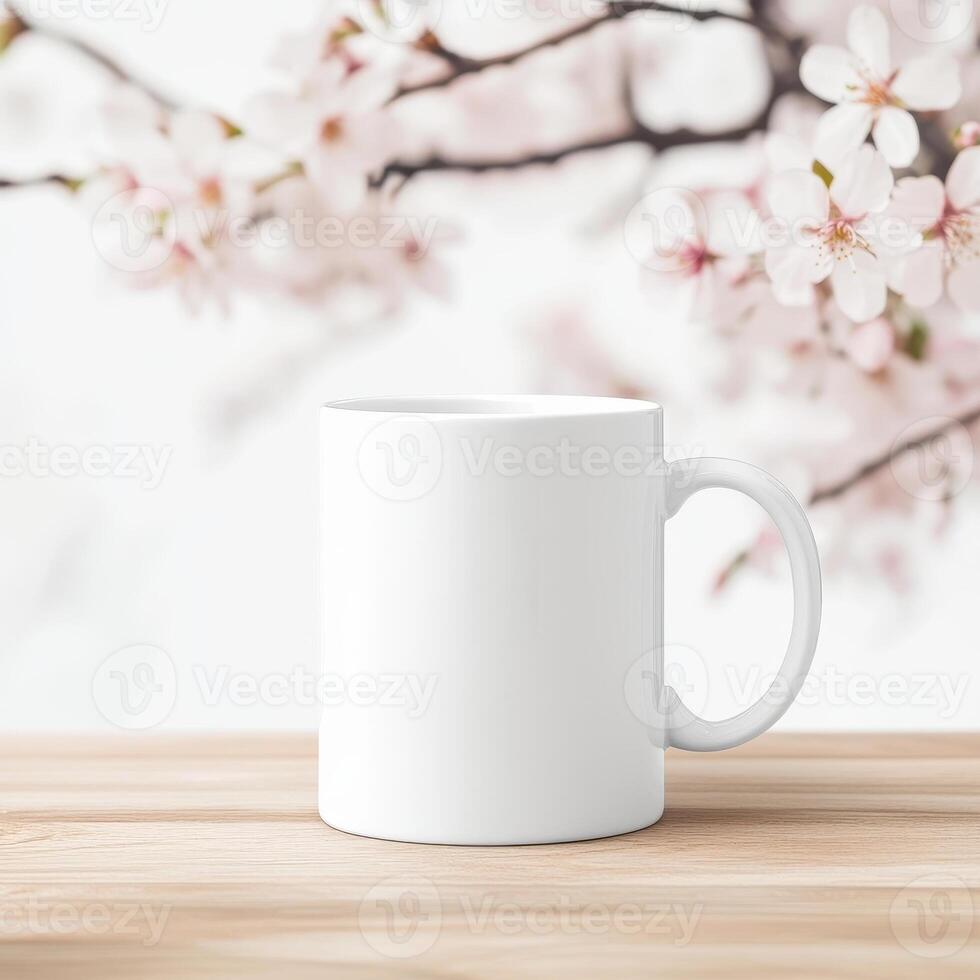 bright white blank mug on wooden table with cherry blossom flowers in background creates serene and inviting atmosphere. Perfect for showcasing your favorite beverage photo