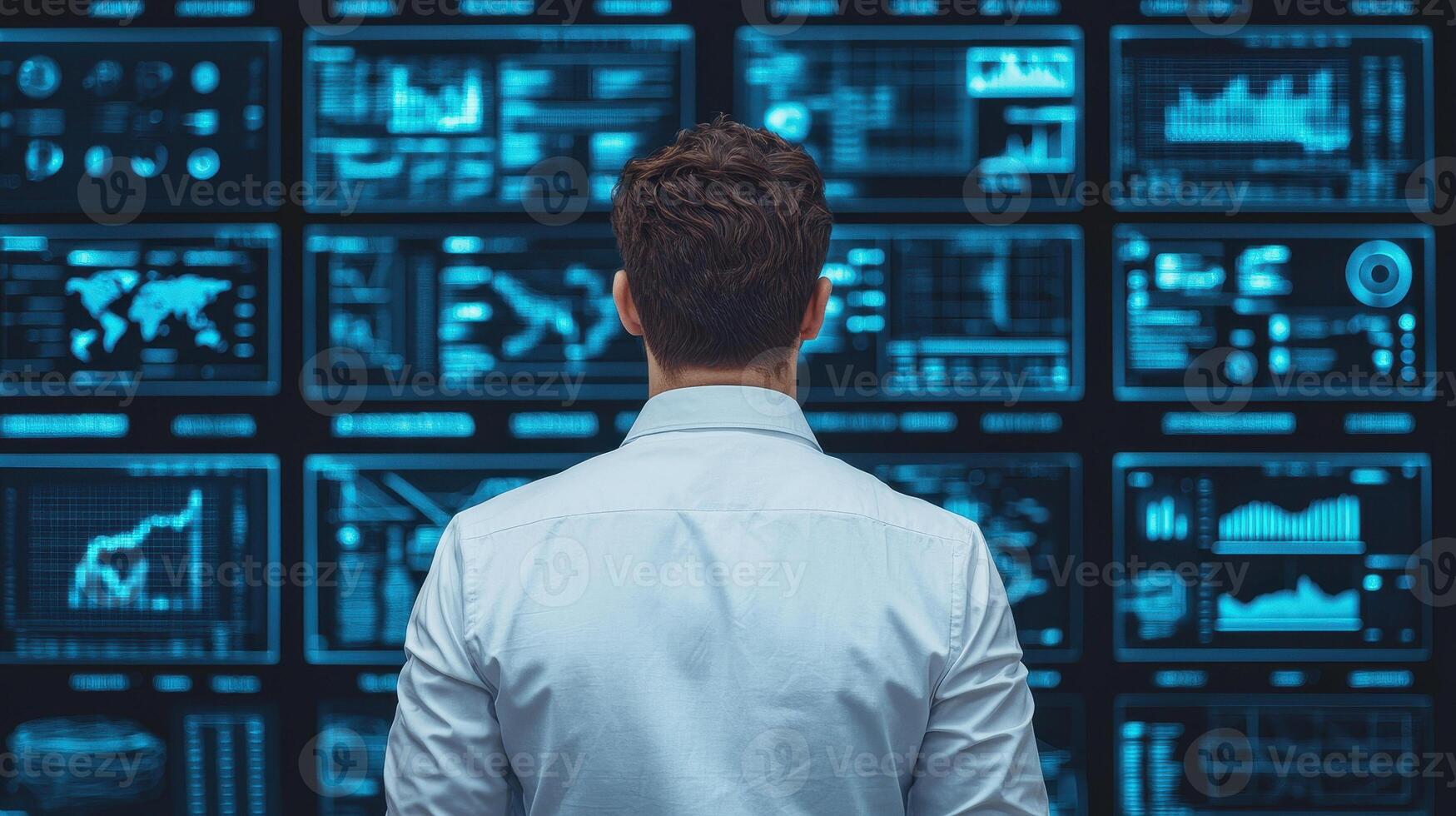 Professional workspace with data analytics display, showcasing graphs and charts. focused individual analyzes information for strategic insights photo