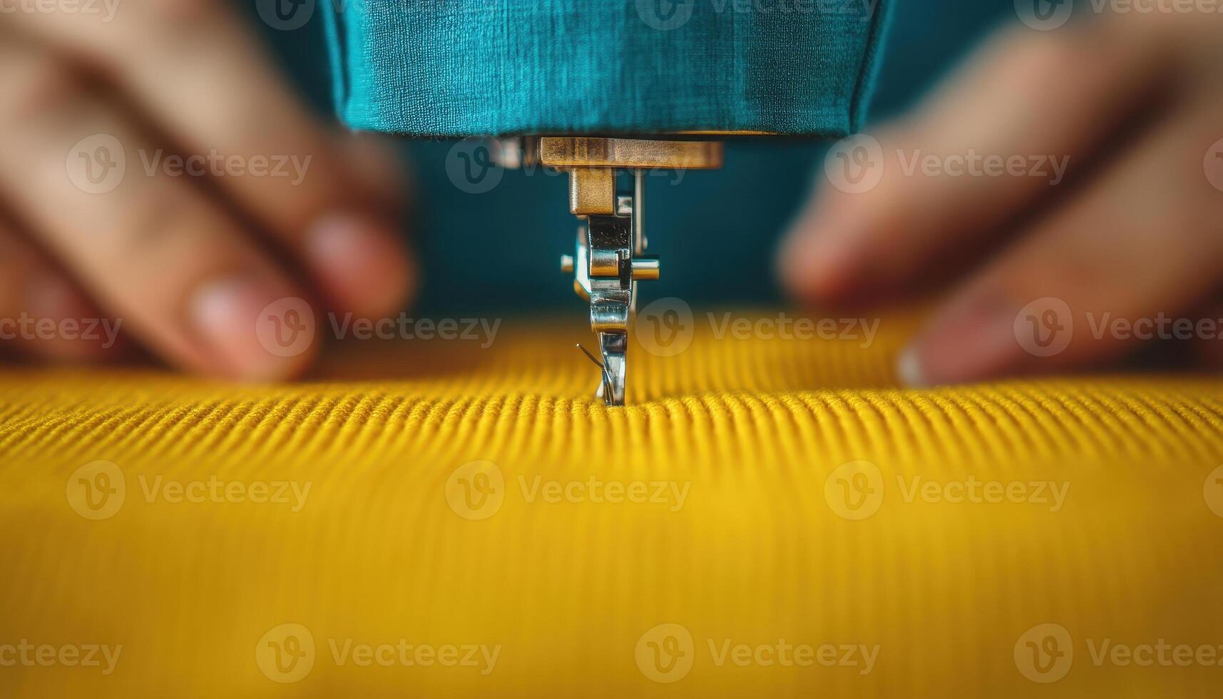Close up of hands sewing fabric on industrial machine, showcasing precision and craftsmanship. vibrant yellow fabric contrasts beautifully with sewing machine, creating engaging visual photo