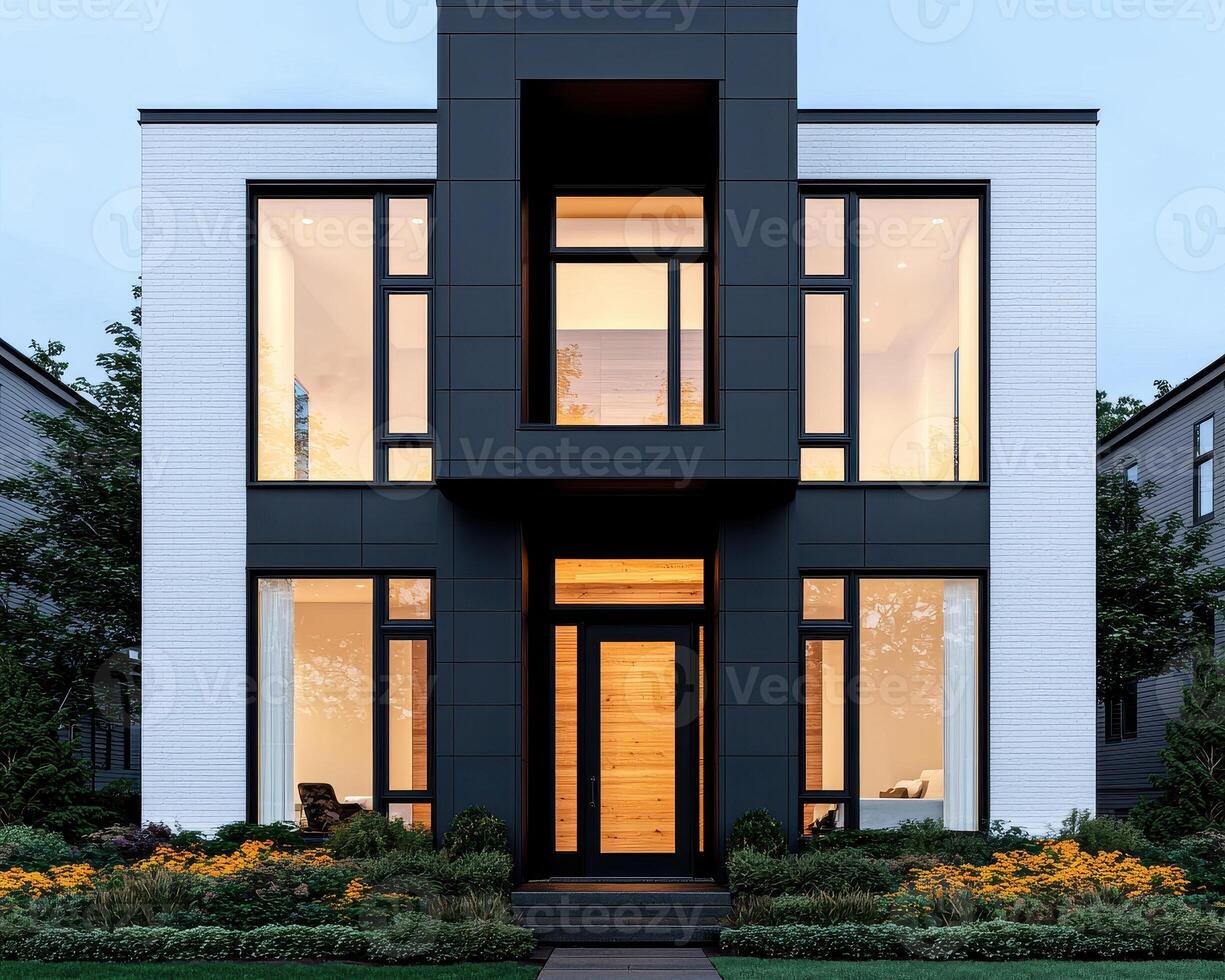 Modern contemporary house with bold architectural design, featuring large windows and striking facade. landscaping includes vibrant flowers and greenery, enhancing aesthetic appeal photo