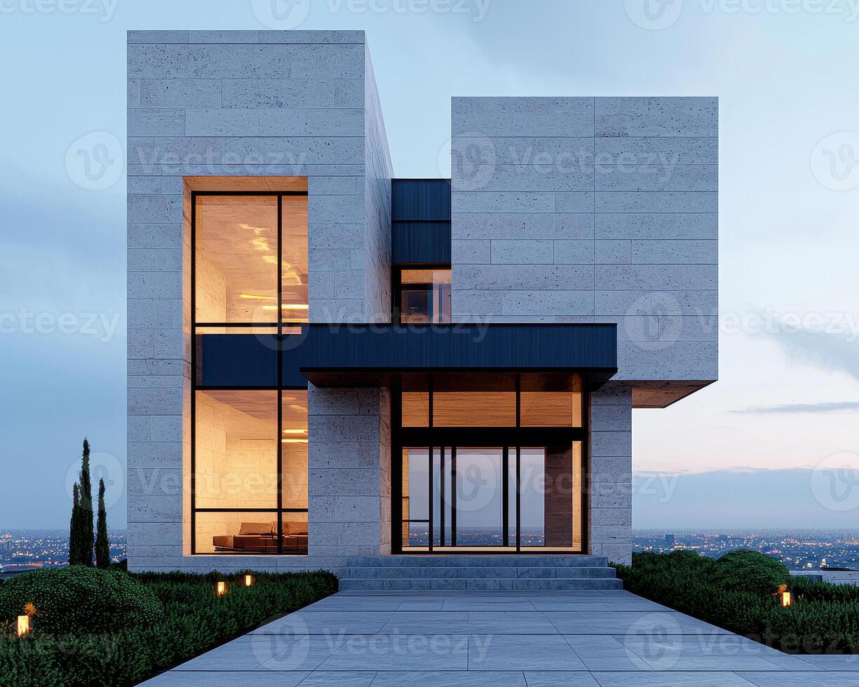 Modern penthouse with panoramic city views, featuring sleek architecture and elegant design. exterior showcases blend of concrete and glass, creating stunning visual impact photo