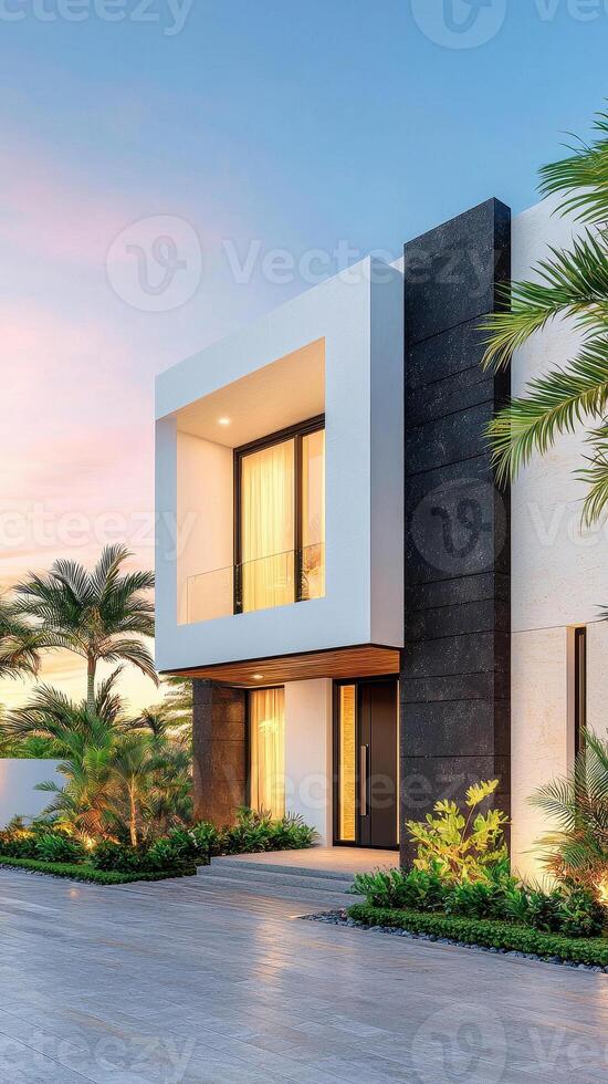 Modern duplex exterior with minimalist design, featuring sleek lines and blend of black and white materials. Lush greenery enhances contemporary aesthetic photo