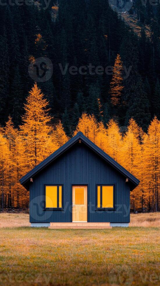 cozy wooden house surrounded by vibrant autumn trees, showcasing striking contrast between dark exterior and bright orange foliage. serene landscape invites tranquility and warmth photo