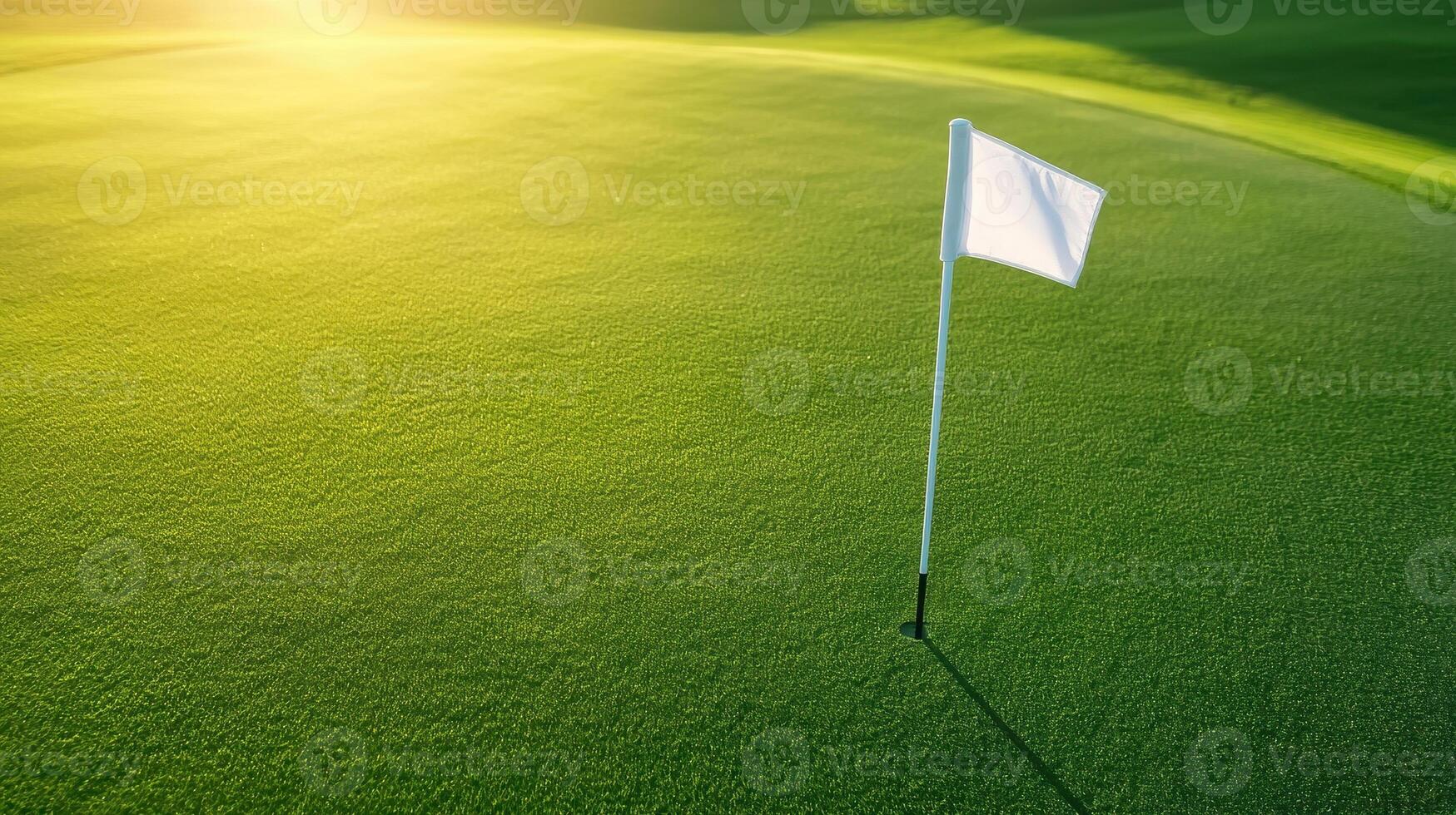 serene golf course fairway with white flag gently waving in breeze, surrounded by lush green grass, creating peaceful and inviting atmosphere for golfers photo