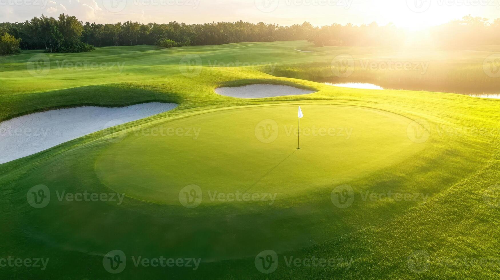 stunning aerial view of golf course showcasing well maintained green with flag, surrounded by sand traps and lush grass, illuminated by warm glow of setting sun photo