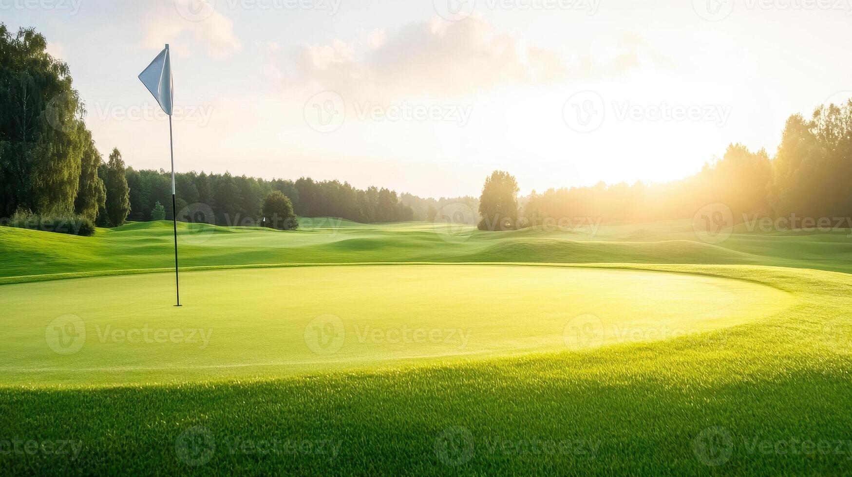 serene golf course scene featuring well maintained green with flag gently waving in breeze. sun casts warm glow over landscape, creating peaceful atmosphere for golf enthusiasts photo