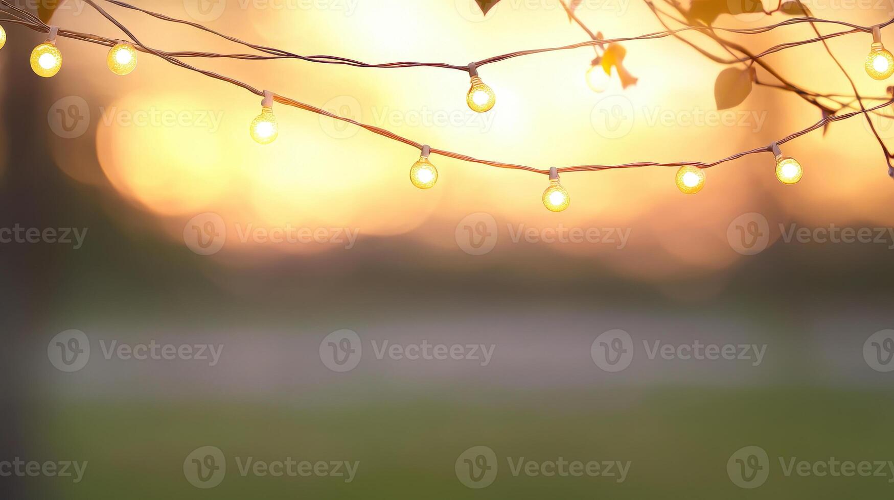Soft glowing string lights hang above serene outdoor setting, creating warm and inviting atmosphere during sunset. gentle bokeh effect enhances peaceful ambiance photo