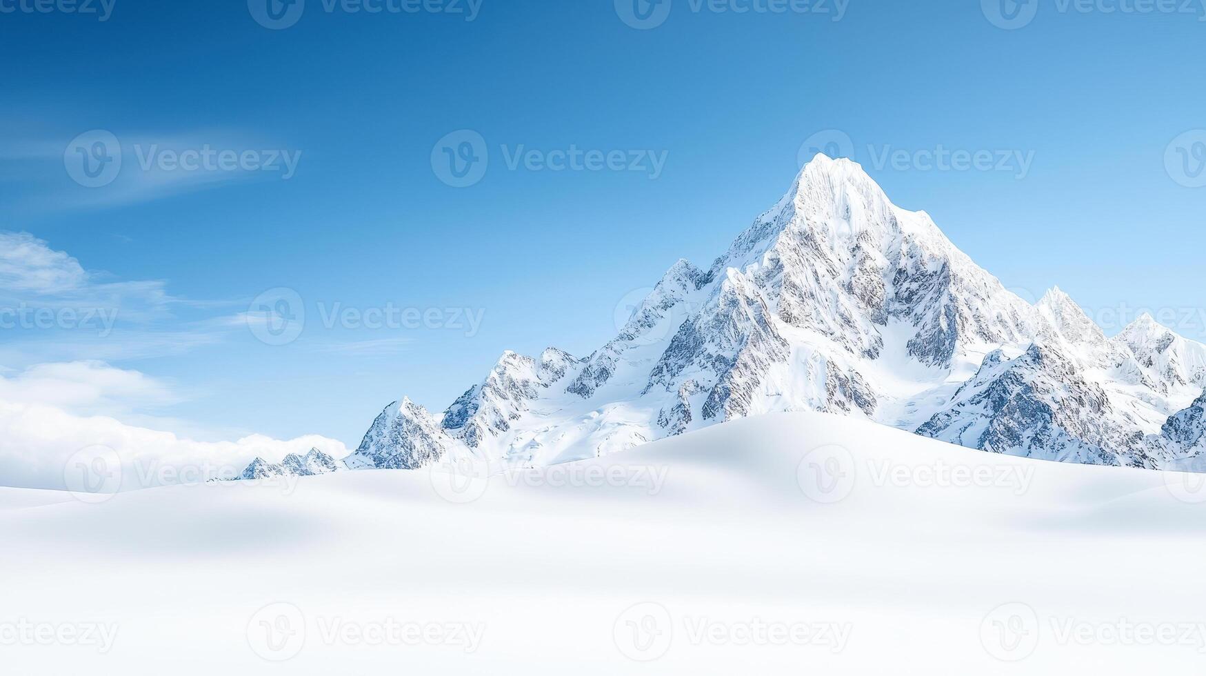 Majestic mountain peak covered with snow under clear blue sky, showcasing beauty of nature and tranquility. serene landscape invites exploration and admiration photo