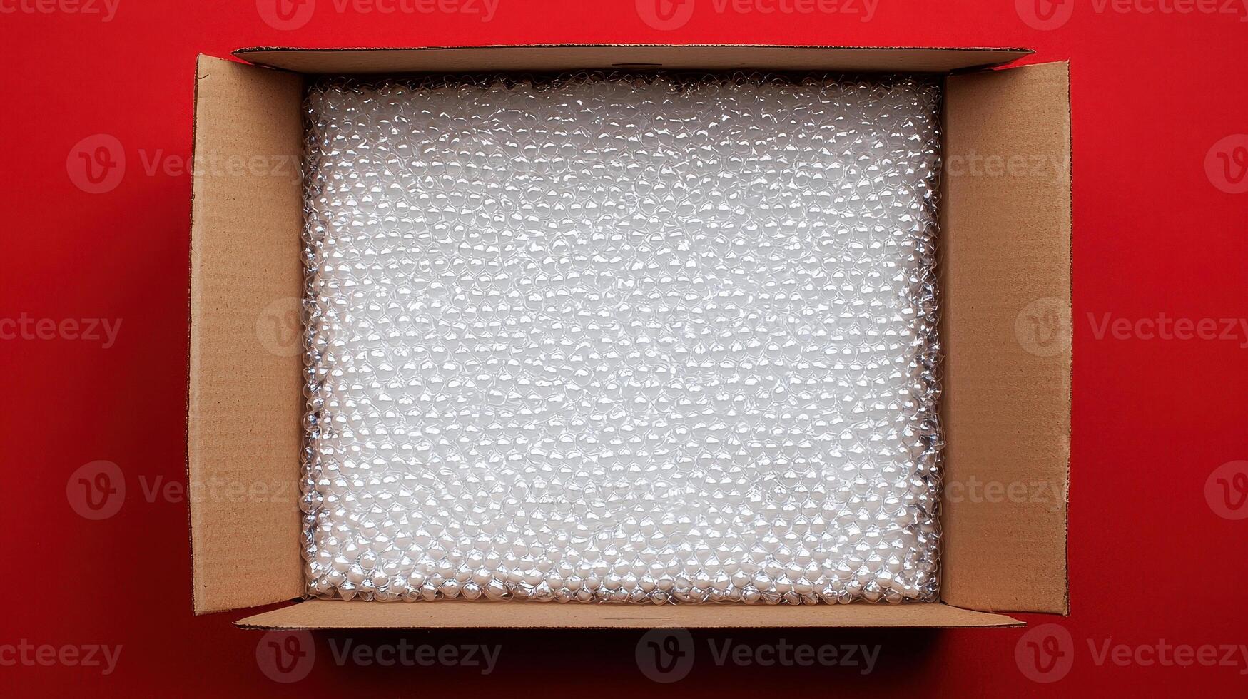cardboard box filled with bubble wrap sits vibrant red background, showcasing importance of packaging logistics and supply chain solutions. This highlights role of protective materials ensuring photo