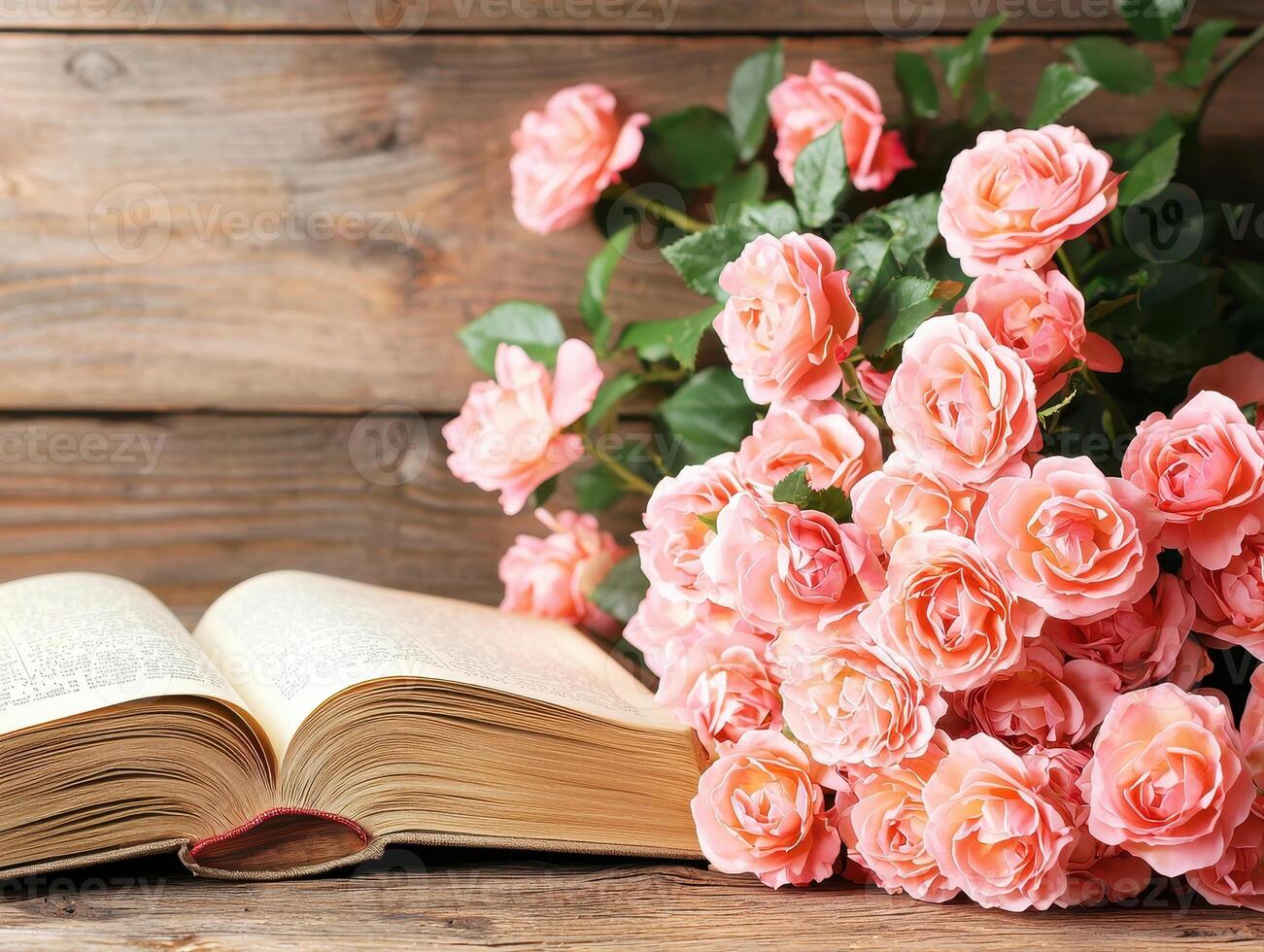 beautiful arrangement of pink roses beside open book creates warm atmosphere perfect for mother day celebration filled with love and joy photo