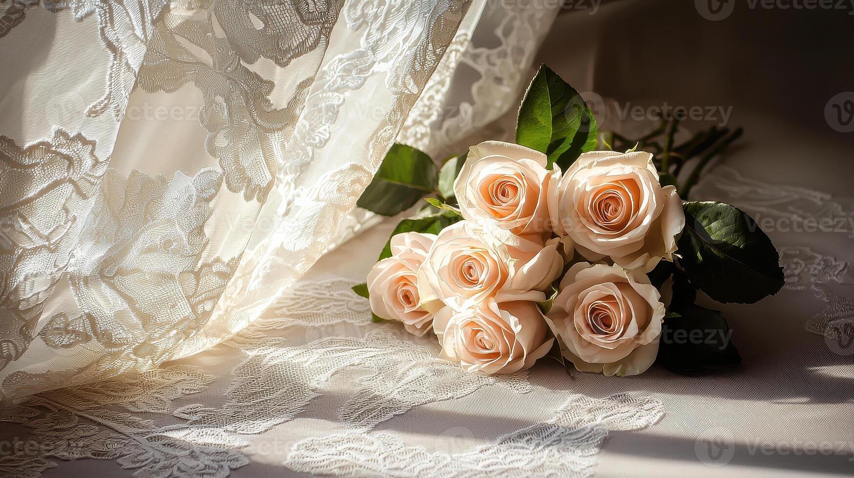 beautiful bouquet of soft pink roses rests elegantly on delicate lace fabric, perfect for mother day celebration filled with love and joy photo