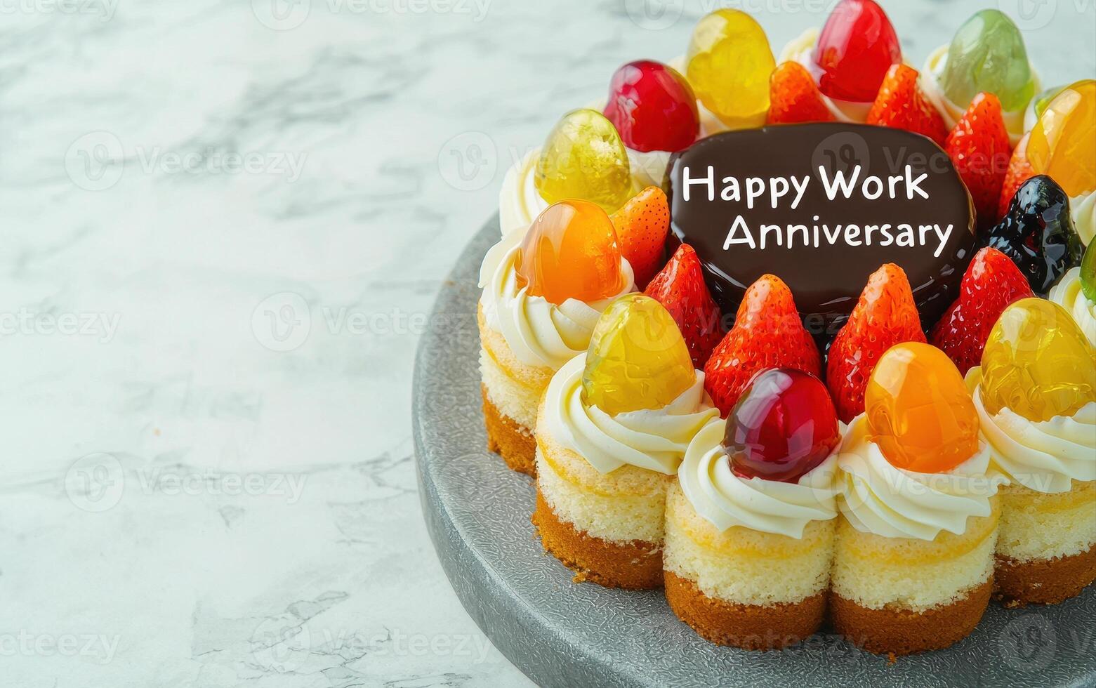 Happy work anniversary Celebrate this special occasion with delightful cake adorned with colorful fruits and creamy frosting photo