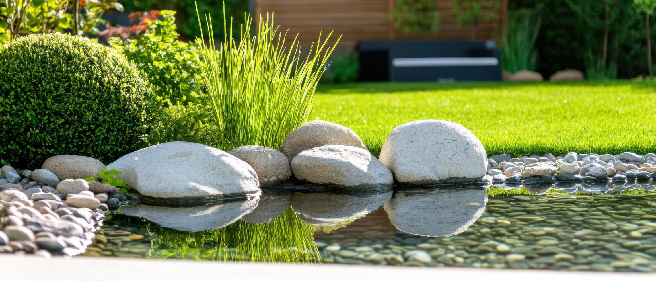 serene backyard garden featuring smooth stones, lush grass, and tranquil water reflections photo