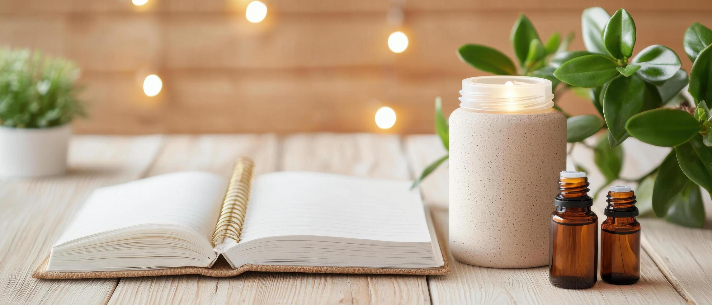 serene wellness ritual setup featuring open notebook, essential oils, and lit candle, creating calming atmosphere photo