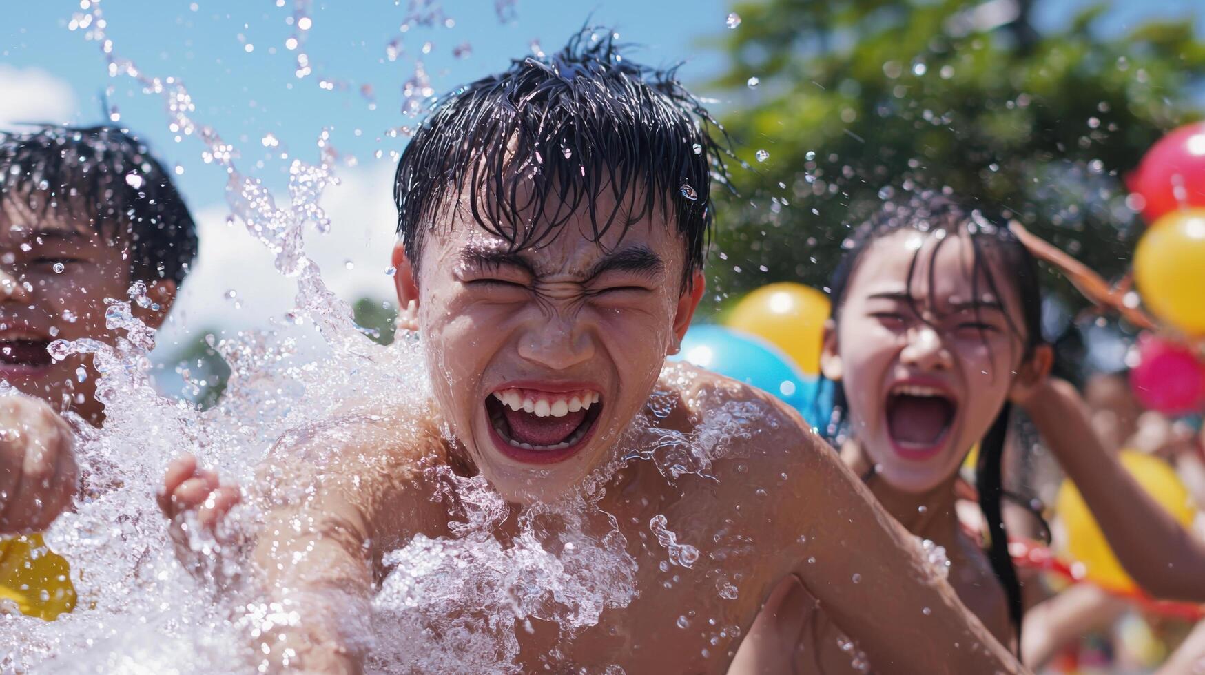 Children enjoying water fights, splashing joyfully in pool during sunny day photo