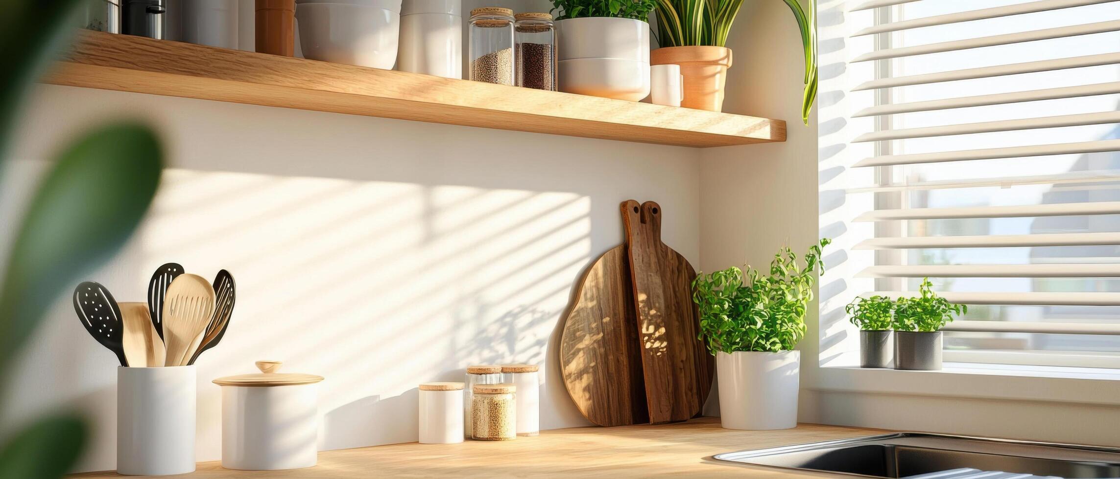Welcoming rustic kitchen with minimalist wooden shelves and plants photo