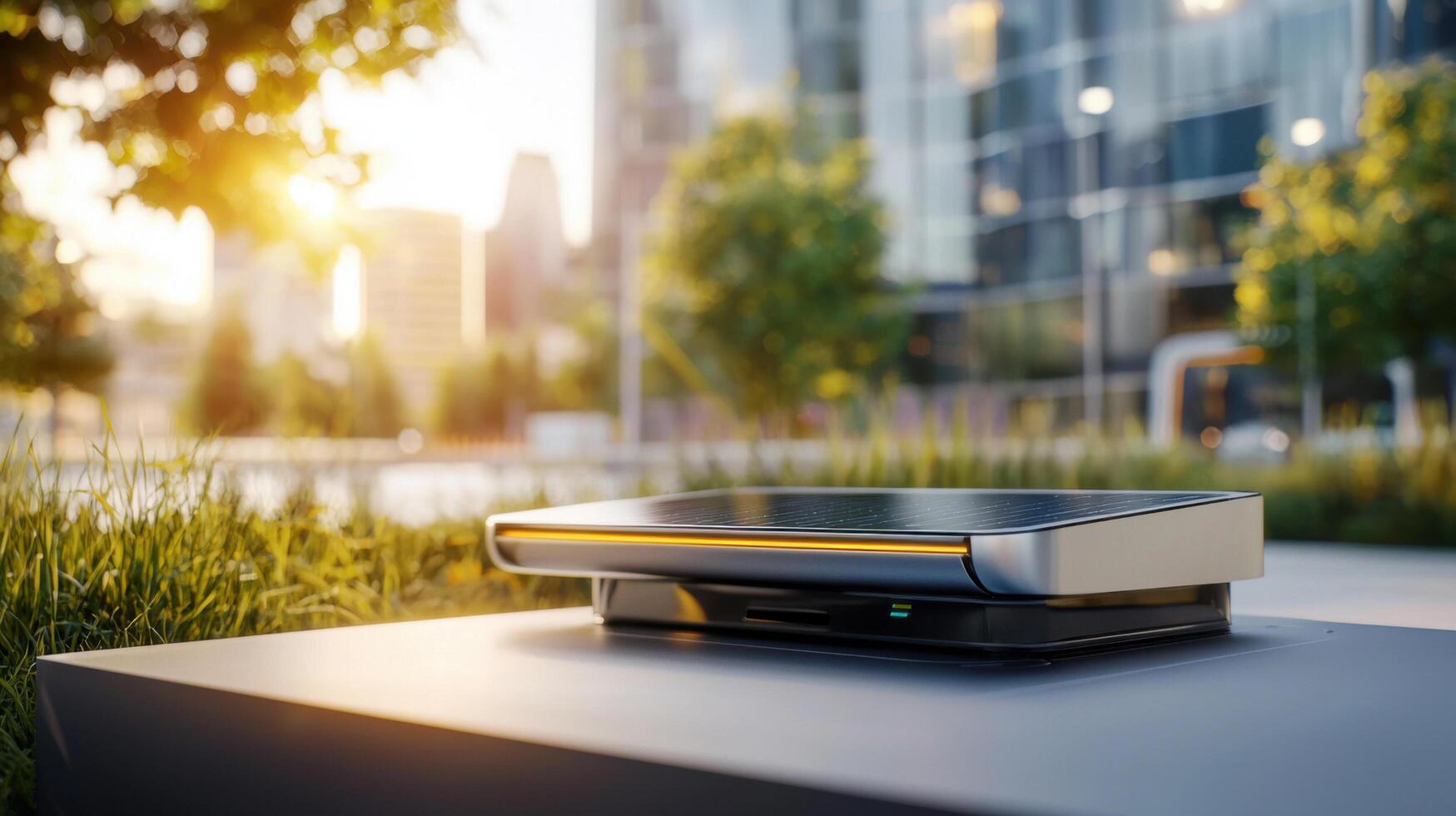 A small device on a table in front of a city photo