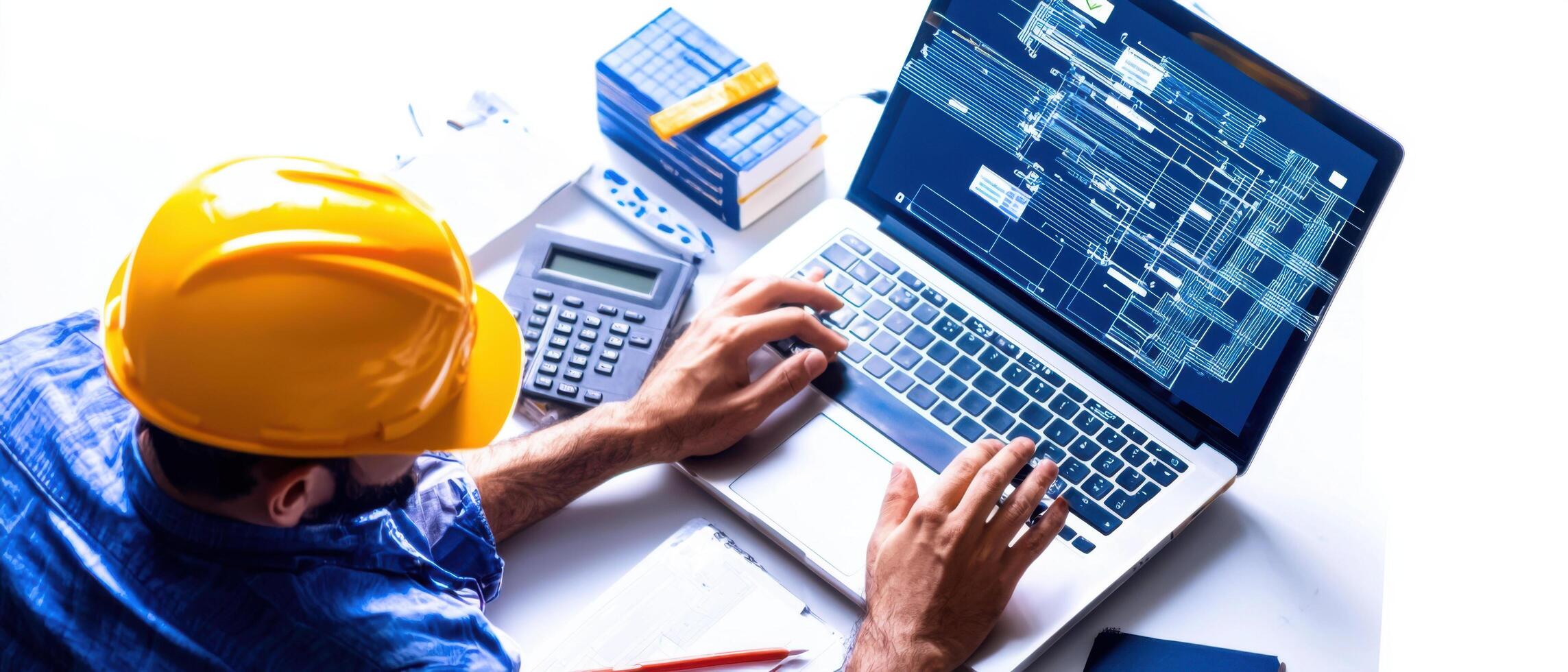 construction worker using laptop to manage project plans and data photo
