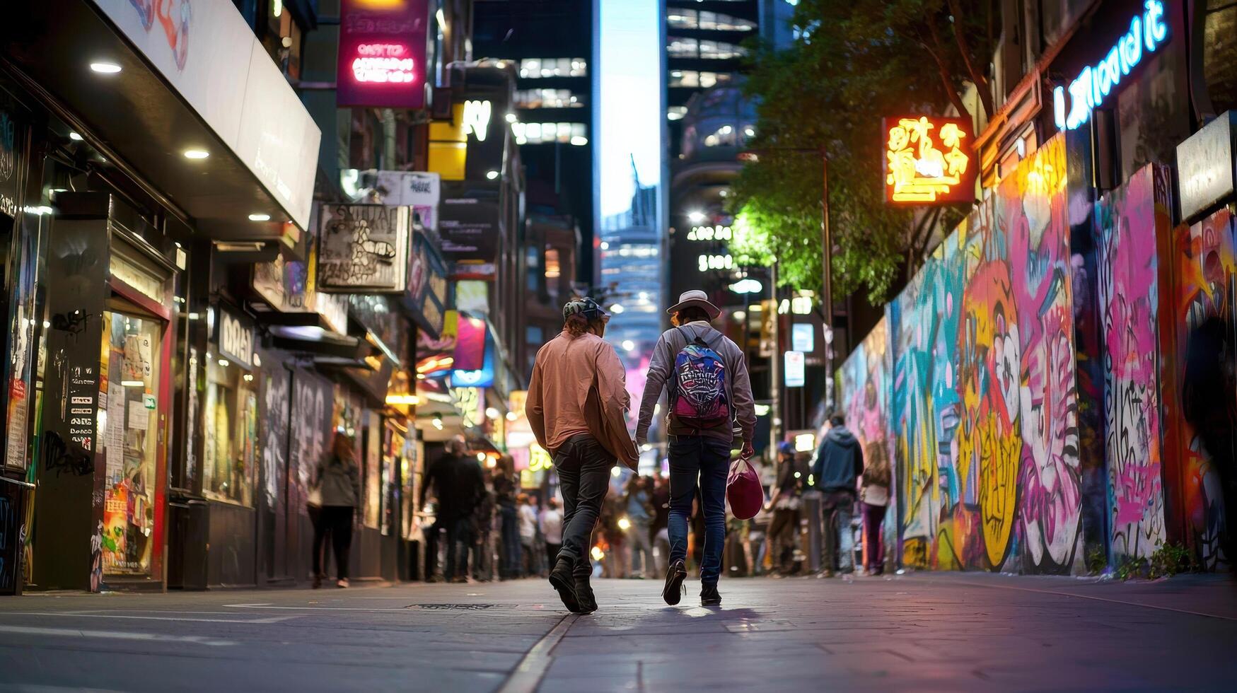 Charming city nightlife featuring street performers and vibrant murals photo