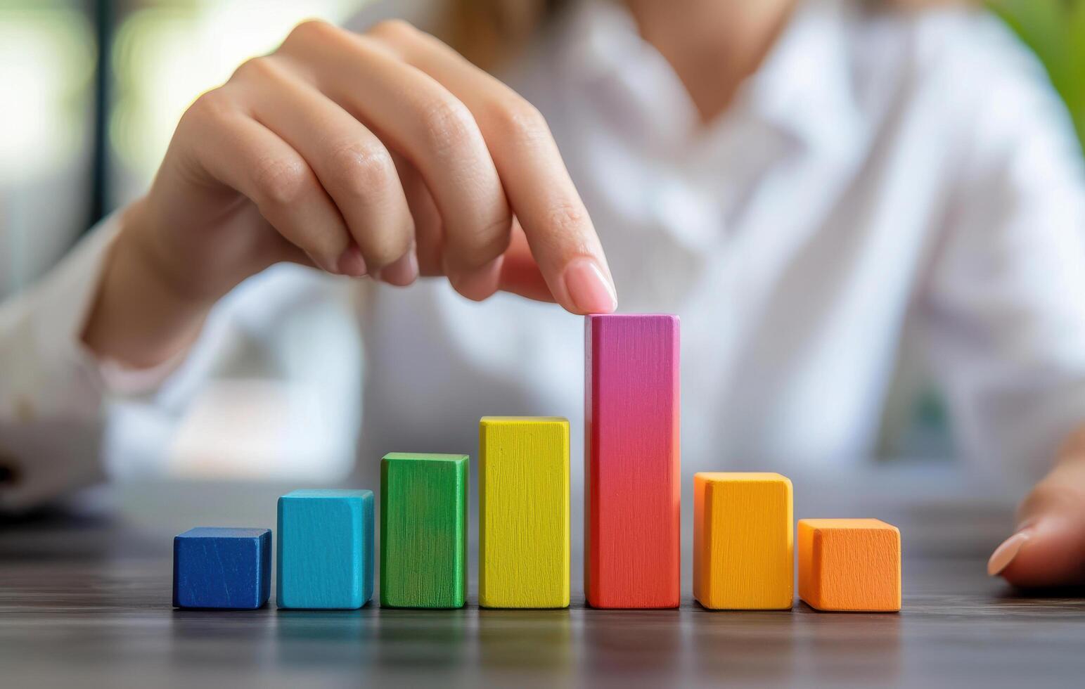 Businesswoman analyzing colorful bar graph for market research insights photo