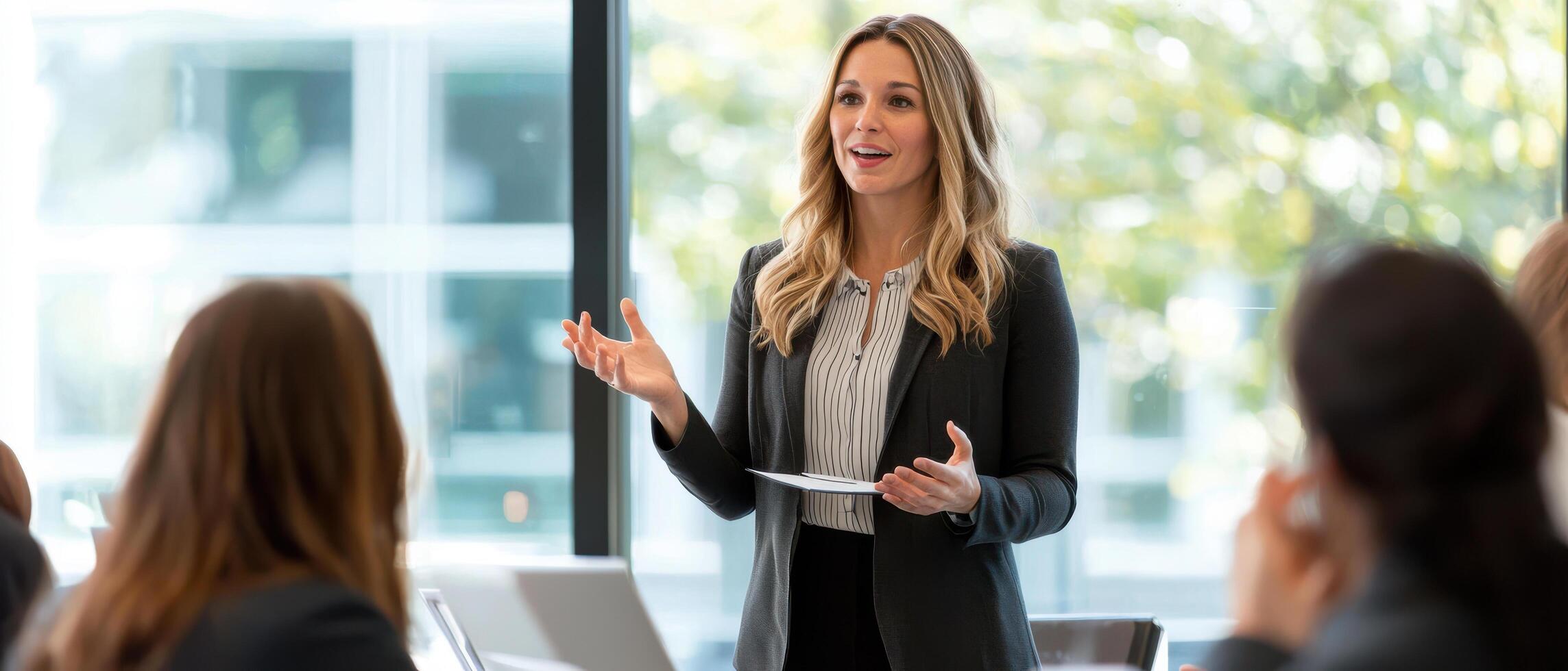 Empowered businesswoman delivering motivational speech to inspire her audience photo