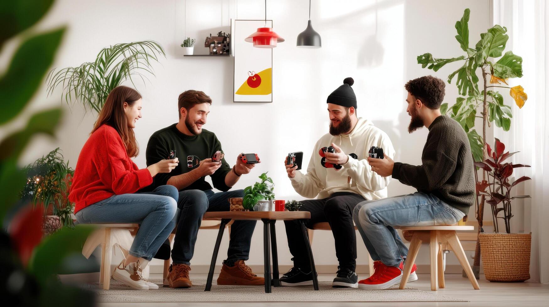 diverse group of friends enjoying hobbies in cozy living room, sharing laughter and drinks photo