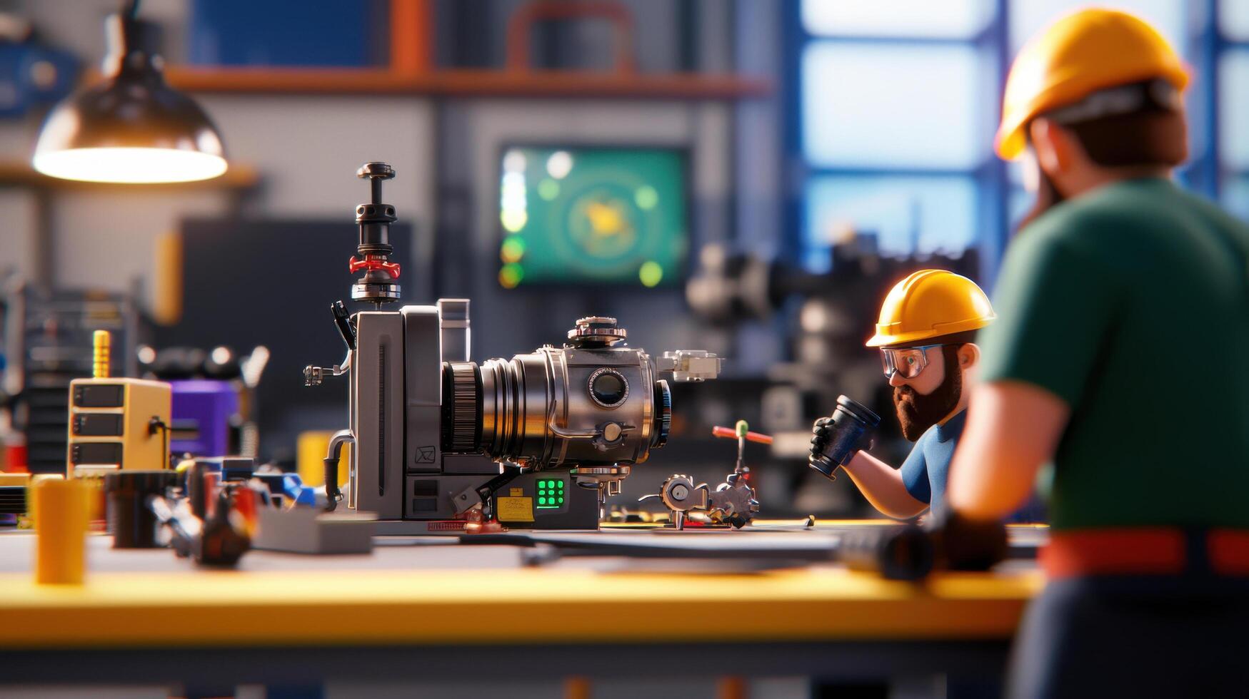 Innovative engineers working on machinery in modern workshop photo