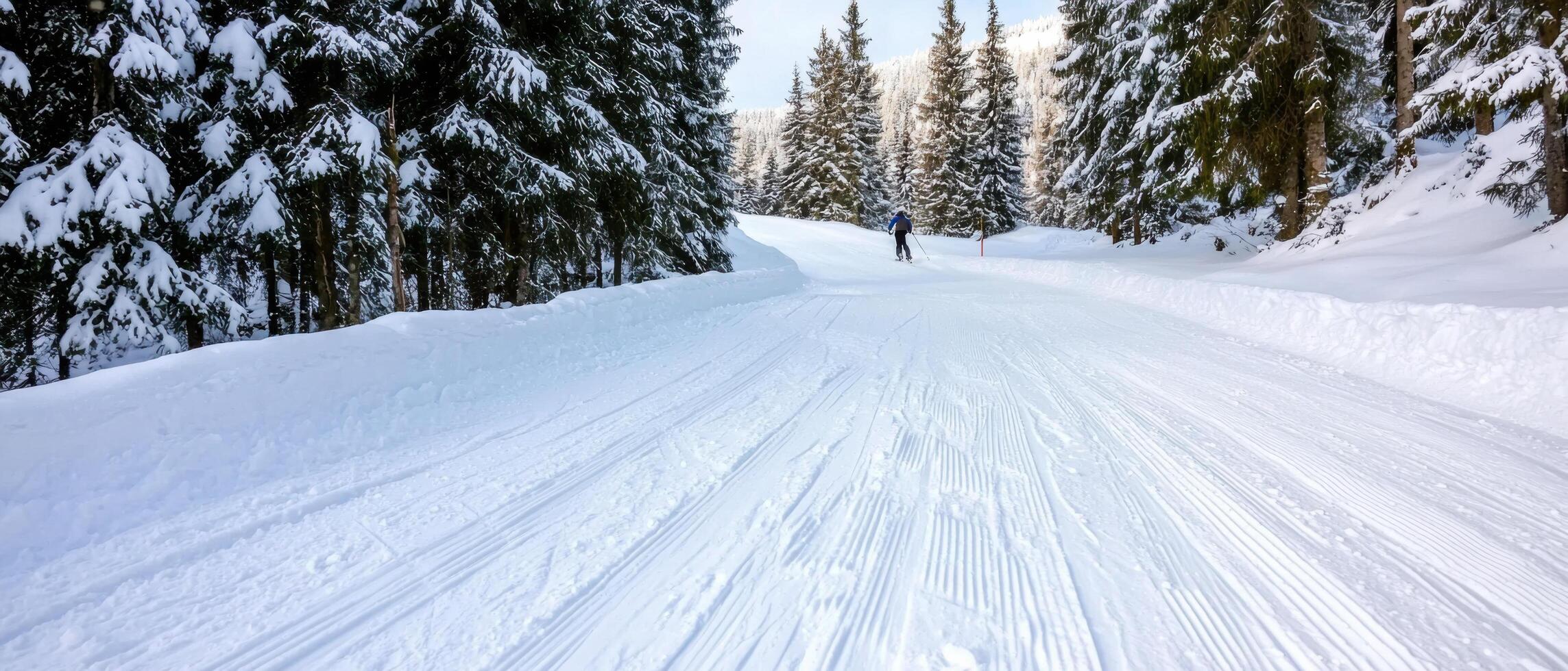 Skiing on pristine snow covered trail surrounded by tall evergreen trees photo