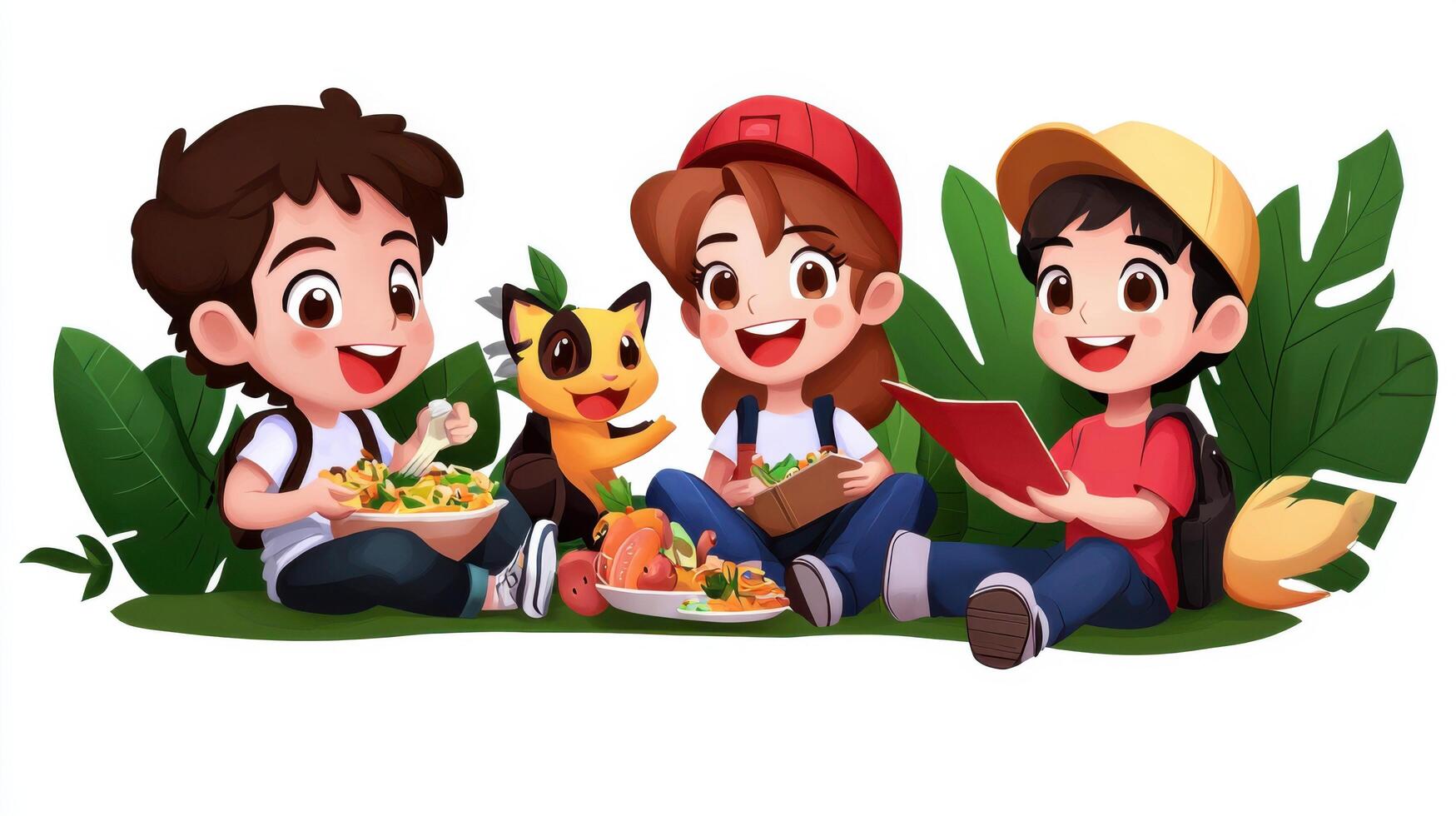 Three kids eating lunch in the park photo