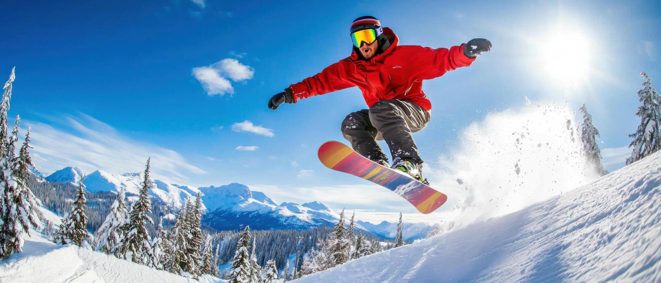 A snowboarder in the air on a sunny day photo